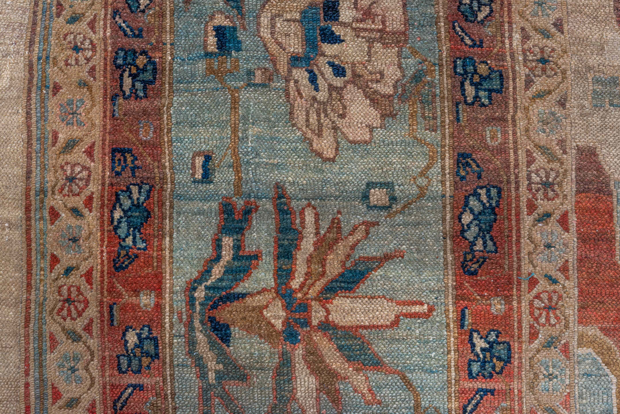 12' x 17' one-of-a-kind handmade vintage Bibikabad oversize rug. Color palette: ivory, sky_blue, rust, teal, navy, camel