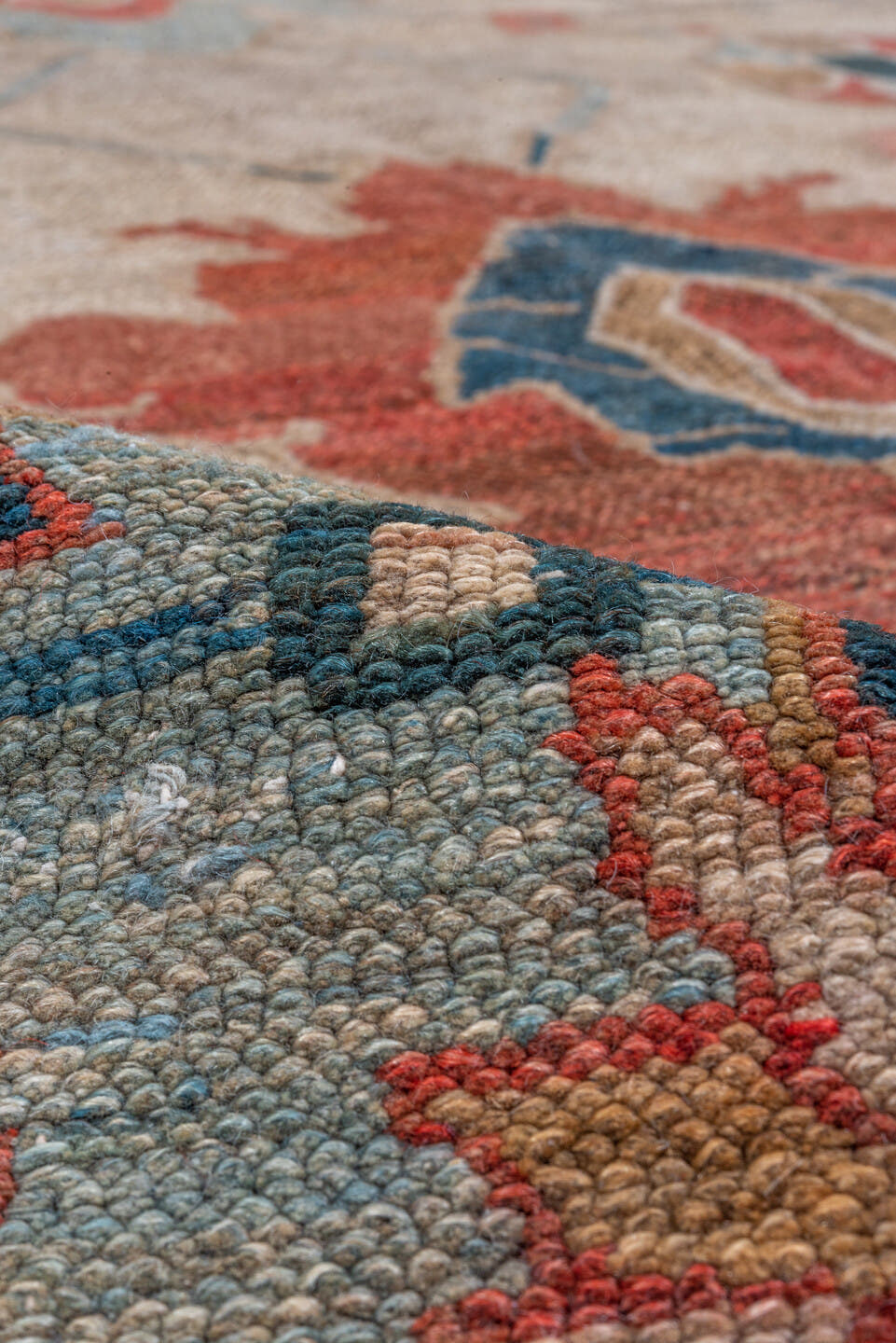 12' x 17' one-of-a-kind handmade vintage Bibikabad oversize rug. Color palette: ivory, sky_blue, rust, teal, navy, camel