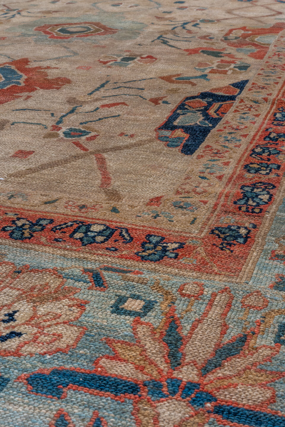 12' x 17' one-of-a-kind handmade vintage Bibikabad oversize rug. Color palette: ivory, sky_blue, rust, teal, navy, camel