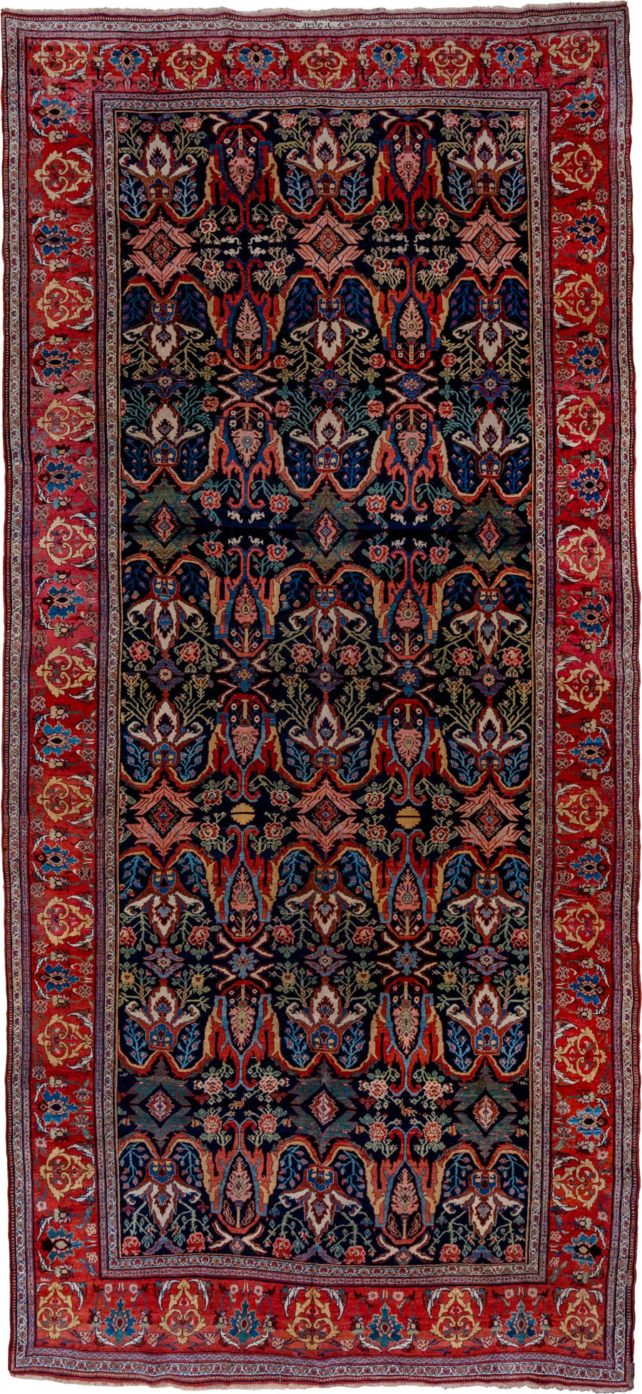 7' x 17' one-of-a-kind handmade vintage Bidjar rug. Color palette: navy, red, rust, ivory, cobalt, coral, sage, pink, blue
