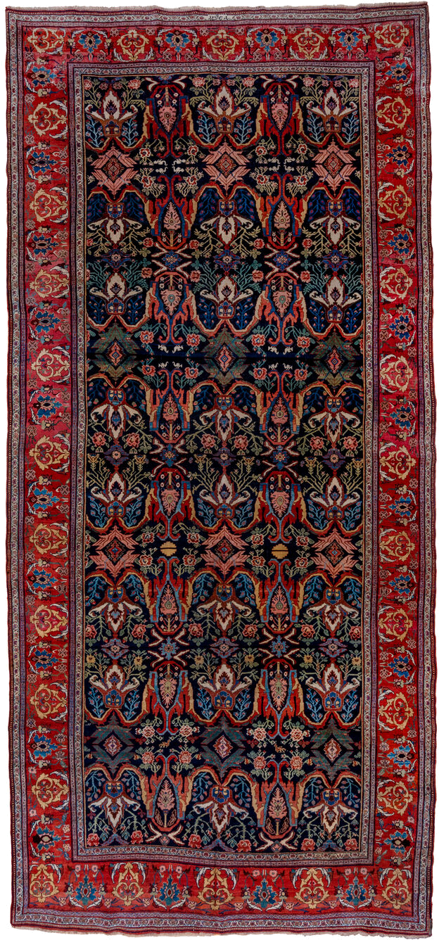 7' x 17' one-of-a-kind handmade vintage Bidjar rug. Color palette: navy, red, rust, ivory, cobalt, coral, sage, pink, blue