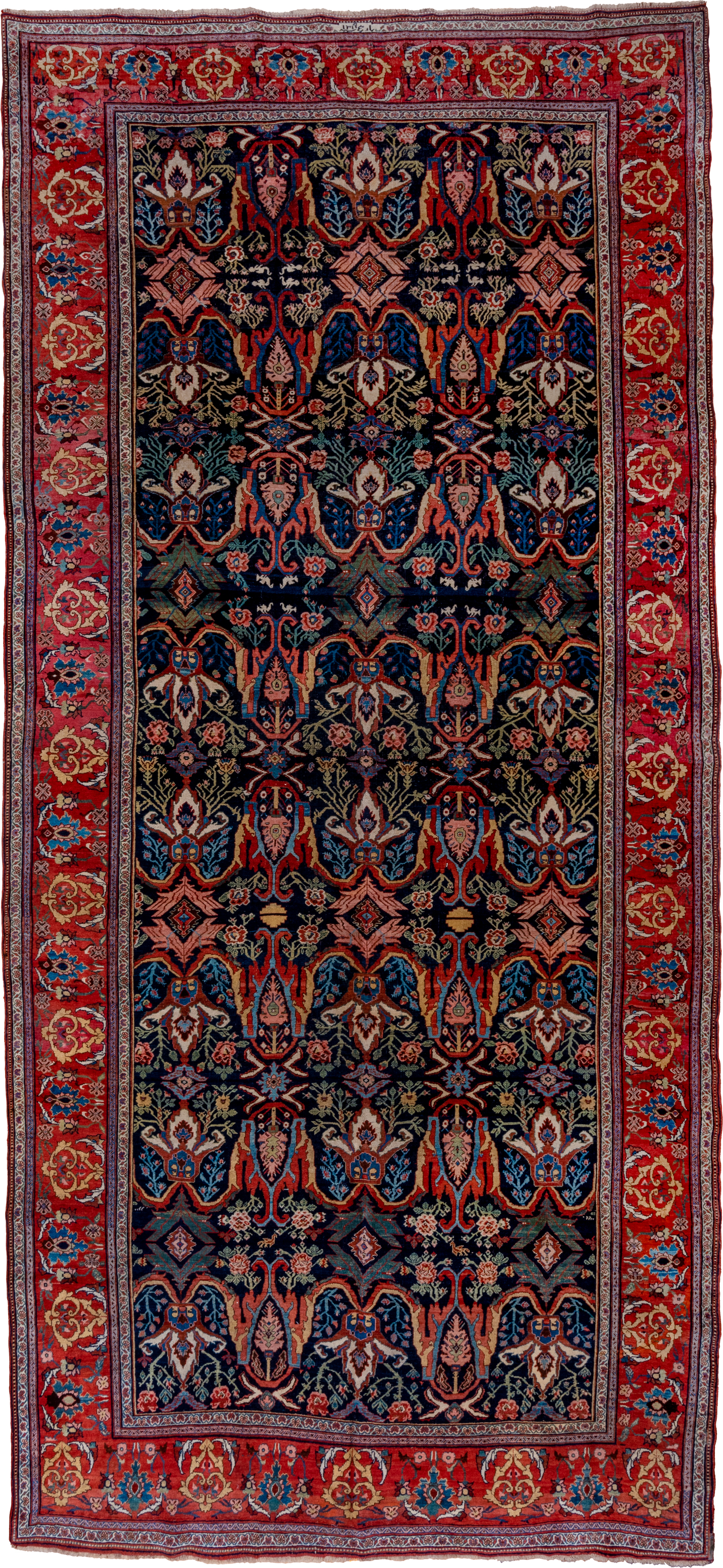 7' x 17' one-of-a-kind handmade vintage Bidjar rug. Color palette: navy, red, rust, ivory, cobalt, coral, sage, pink, blue