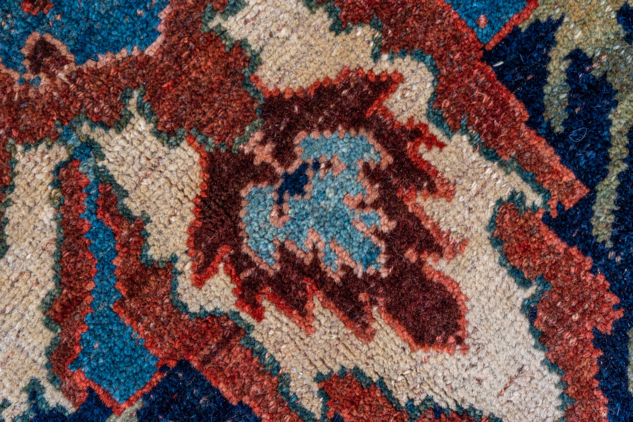 7' x 17' one-of-a-kind handmade vintage Bidjar rug. Color palette: navy, red, rust, ivory, cobalt, coral, sage, pink, blue