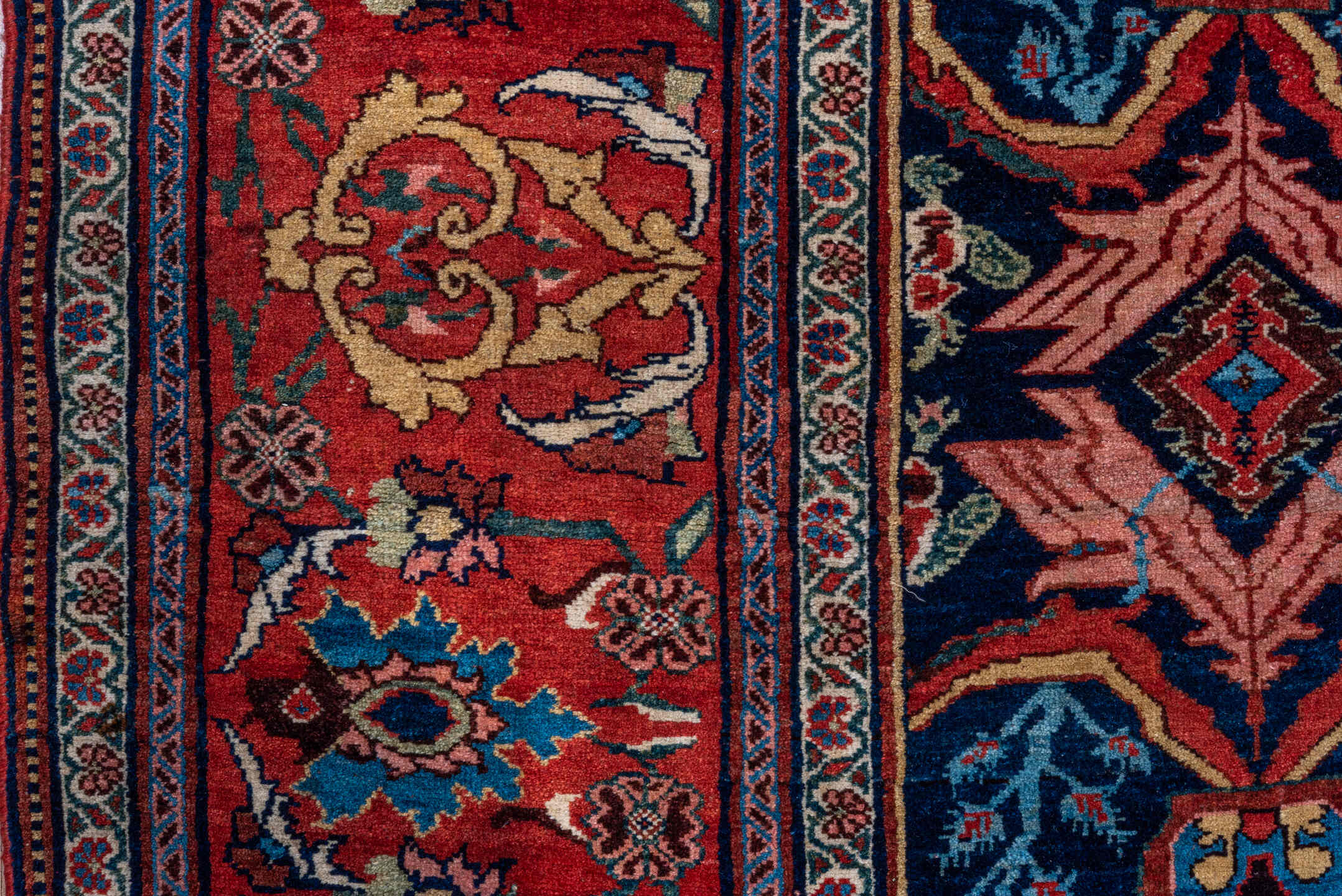 7' x 17' one-of-a-kind handmade vintage Bidjar rug. Color palette: navy, red, rust, ivory, cobalt, coral, sage, pink, blue