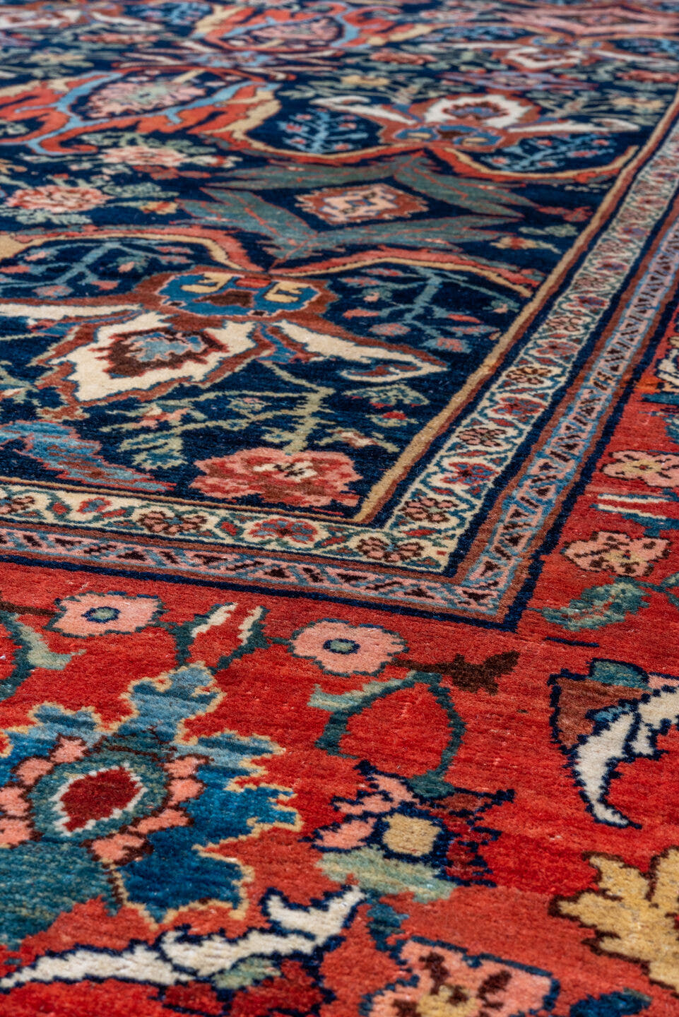 7' x 17' one-of-a-kind handmade vintage Bidjar rug. Color palette: navy, red, rust, ivory, cobalt, coral, sage, pink, blue