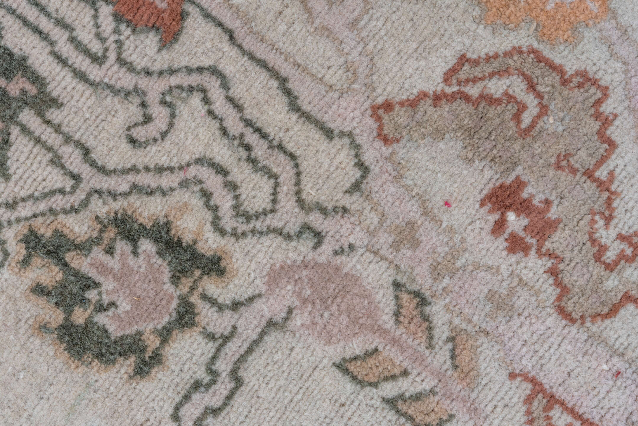 11' x 13' one-of-a-kind handmade vintage Amritzar oversize rug. Color palette: taupe, ivory, rose, sage, coral, brown