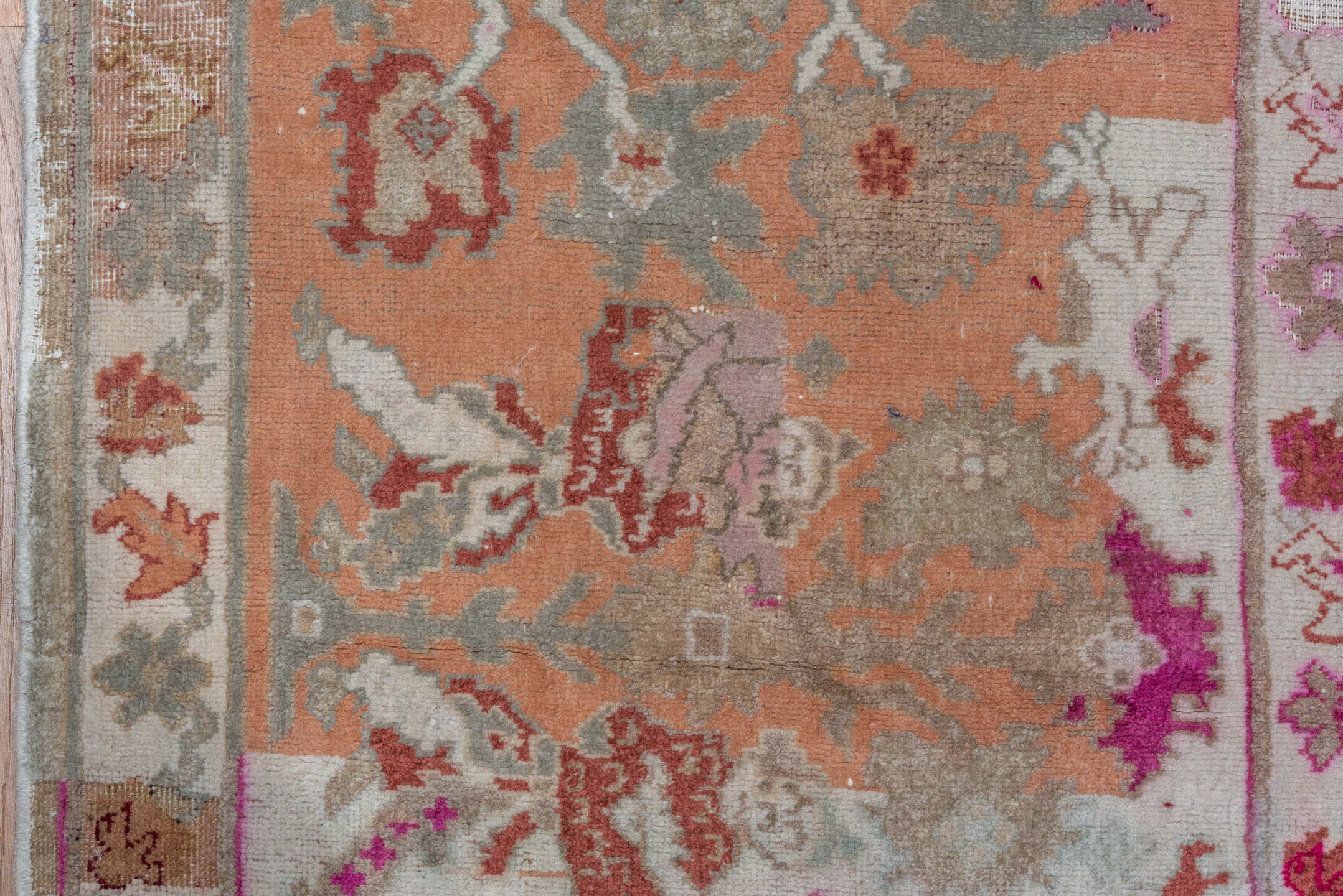11' x 13' one-of-a-kind handmade vintage Amritzar oversize rug. Color palette: taupe, ivory, rose, sage, coral, brown