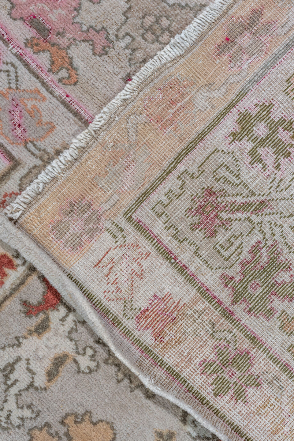 11' x 13' one-of-a-kind handmade vintage Amritzar oversize rug. Color palette: taupe, ivory, rose, sage, coral, brown