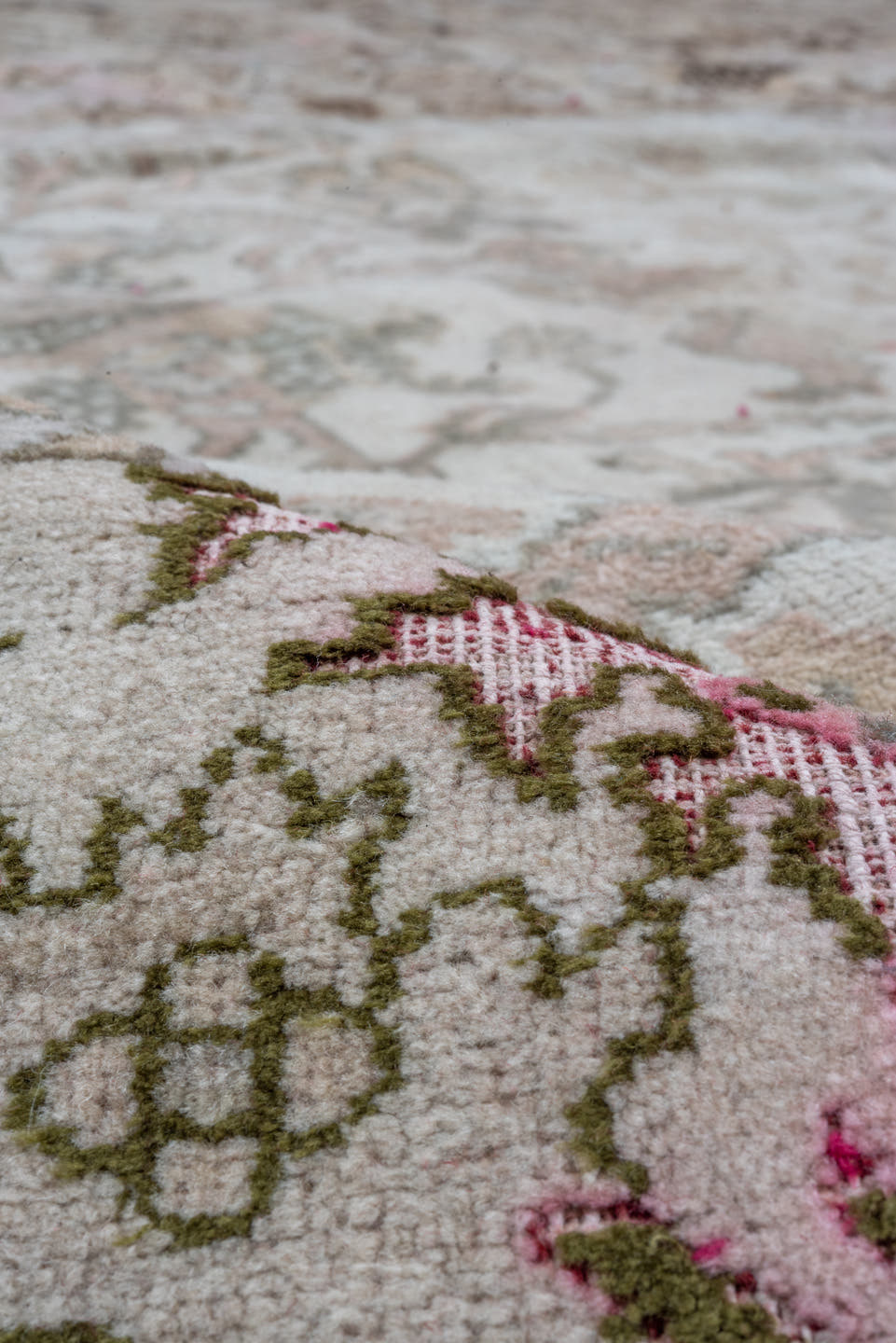 11' x 13' one-of-a-kind handmade vintage Amritzar oversize rug. Color palette: taupe, ivory, rose, sage, coral, brown