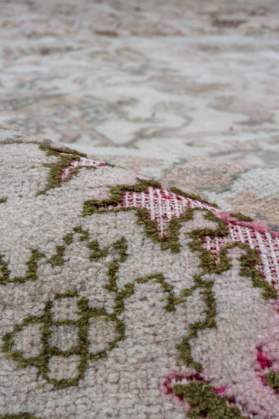 11' x 13' one-of-a-kind handmade vintage Amritzar oversize rug. Color palette: taupe, ivory, rose, sage, coral, brown