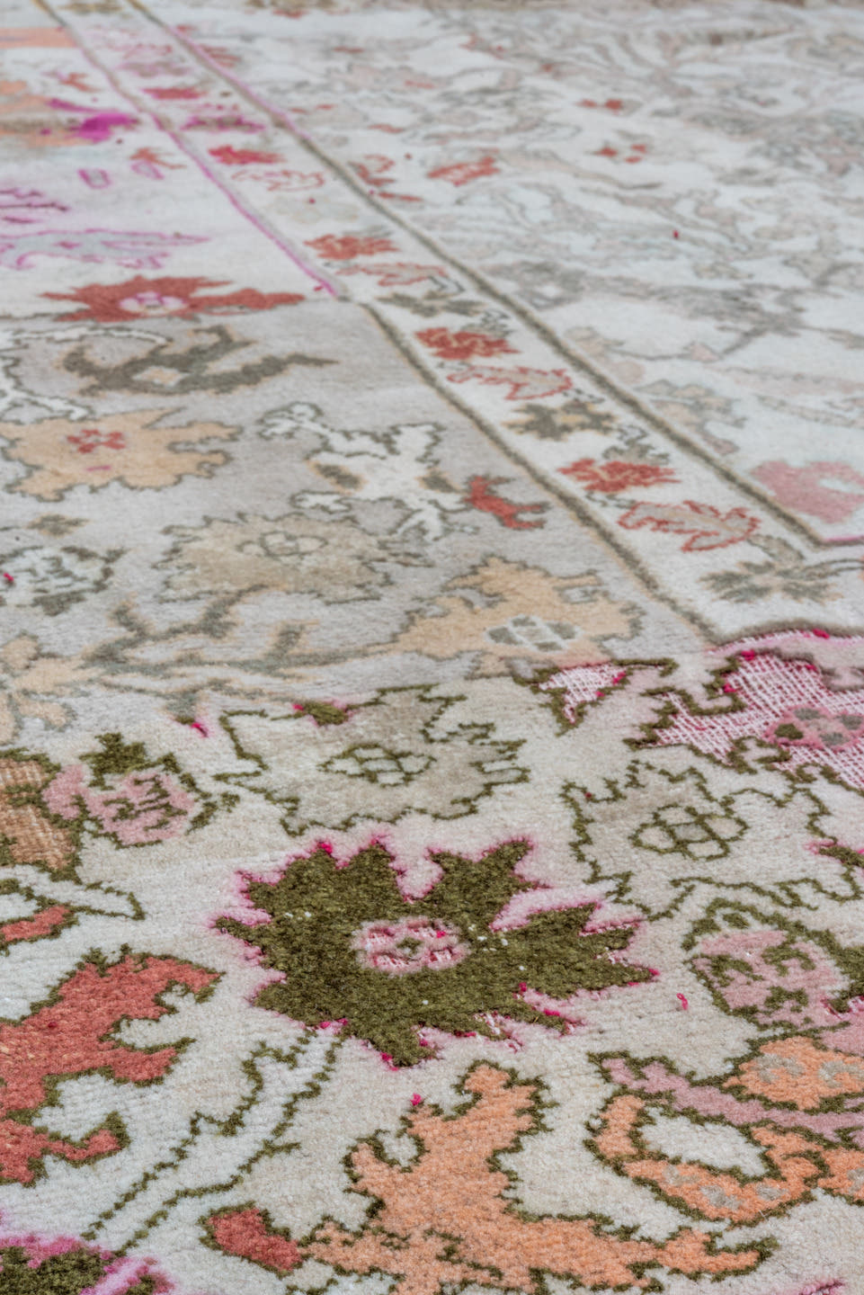 11' x 13' one-of-a-kind handmade vintage Amritzar oversize rug. Color palette: taupe, ivory, rose, sage, coral, brown