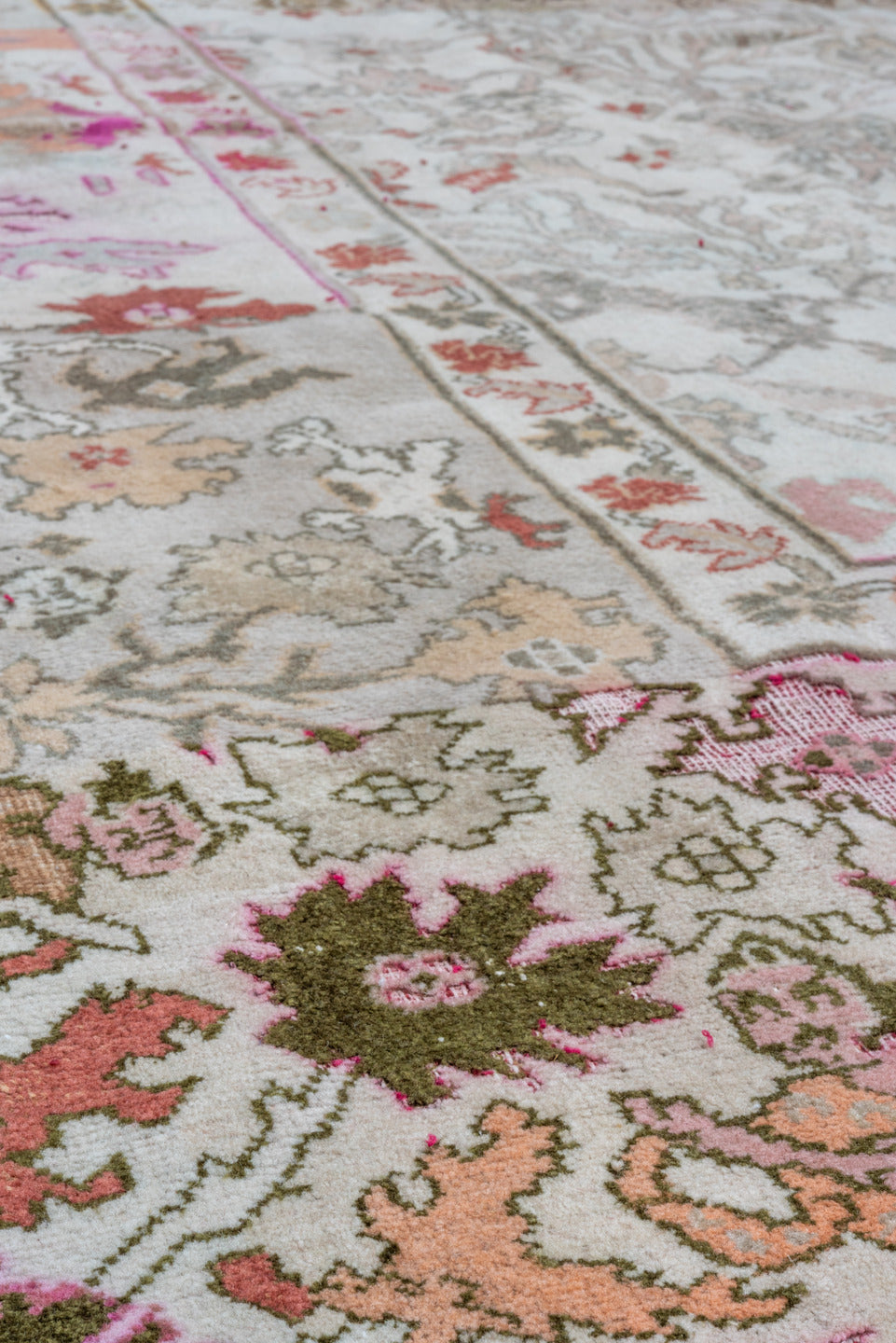 11' x 13' one-of-a-kind handmade vintage Amritzar oversize rug. Color palette: taupe, ivory, rose, sage, coral, brown