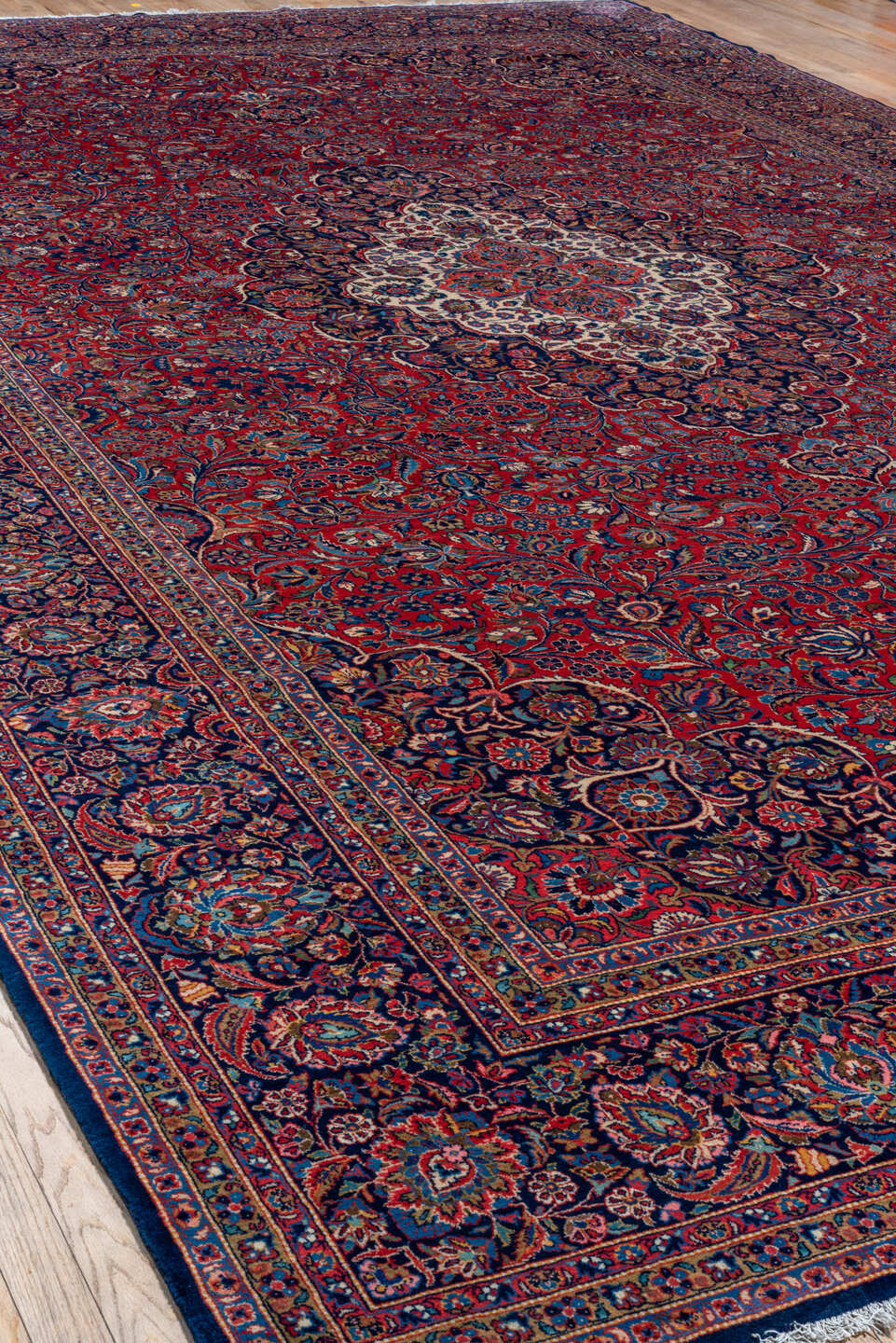 10' x 16' one-of-a-kind handmade vintage Kashan rug. Color palette: red, navy, ivory, rose, burgundy, slate, camel, blue
