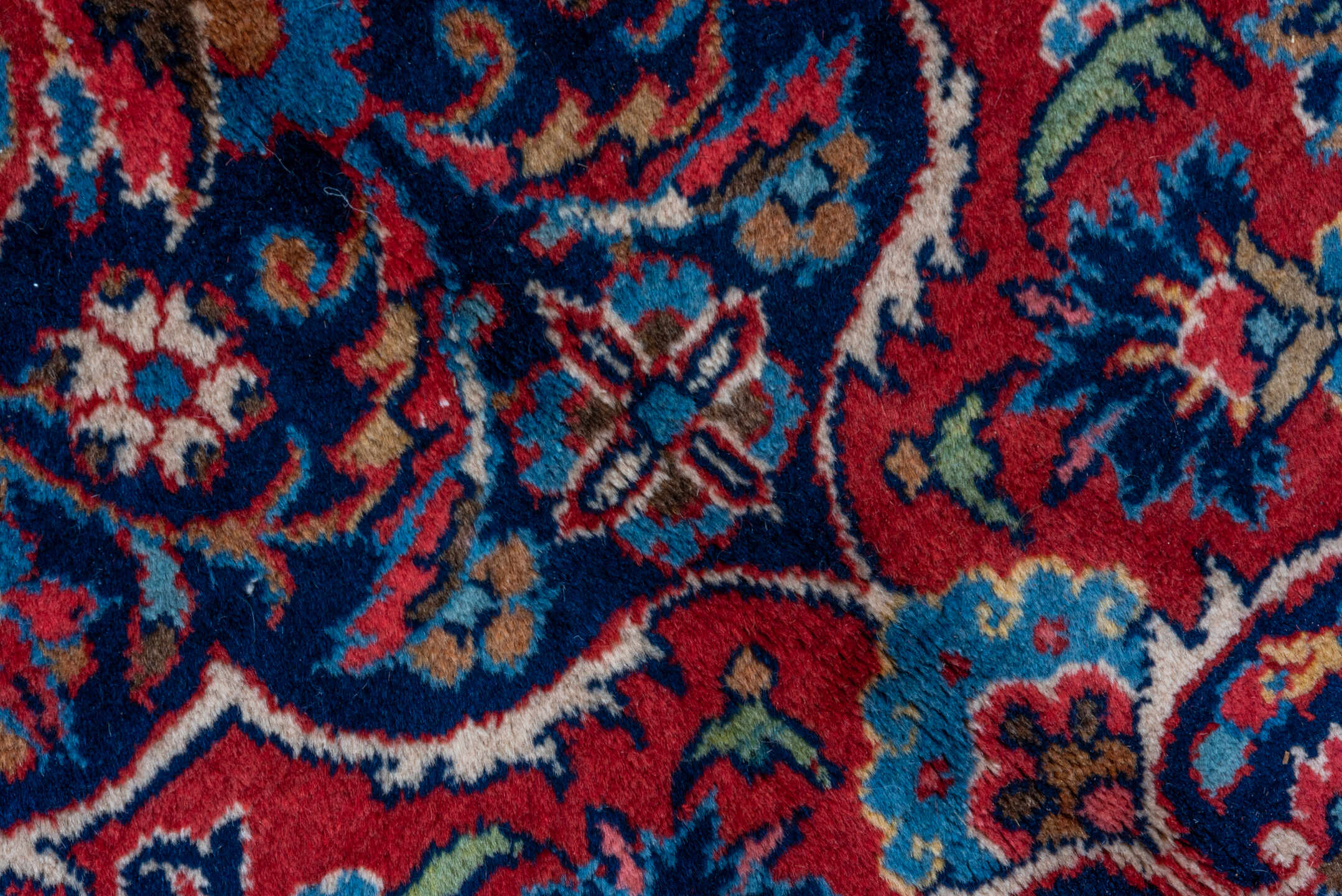 10' x 16' one-of-a-kind handmade vintage Kashan rug. Color palette: red, navy, ivory, rose, burgundy, slate, camel, blue