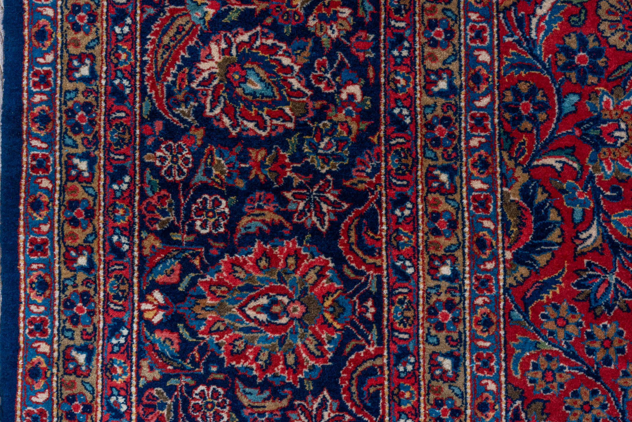 10' x 16' one-of-a-kind handmade vintage Kashan rug. Color palette: red, navy, ivory, rose, burgundy, slate, camel, blue