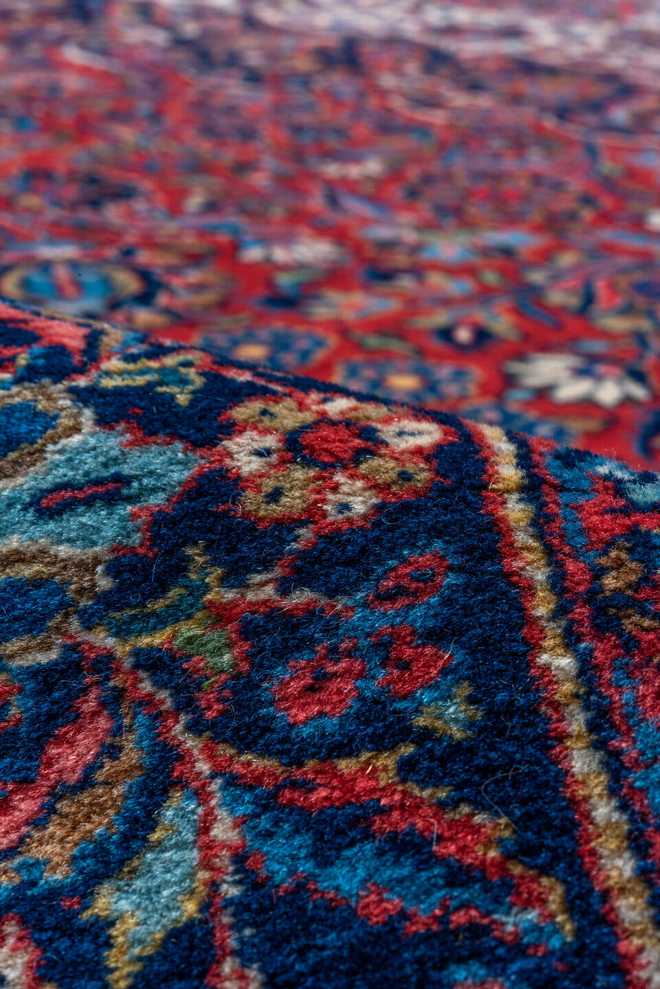 10' x 16' one-of-a-kind handmade vintage Kashan rug. Color palette: red, navy, ivory, rose, burgundy, slate, camel, blue