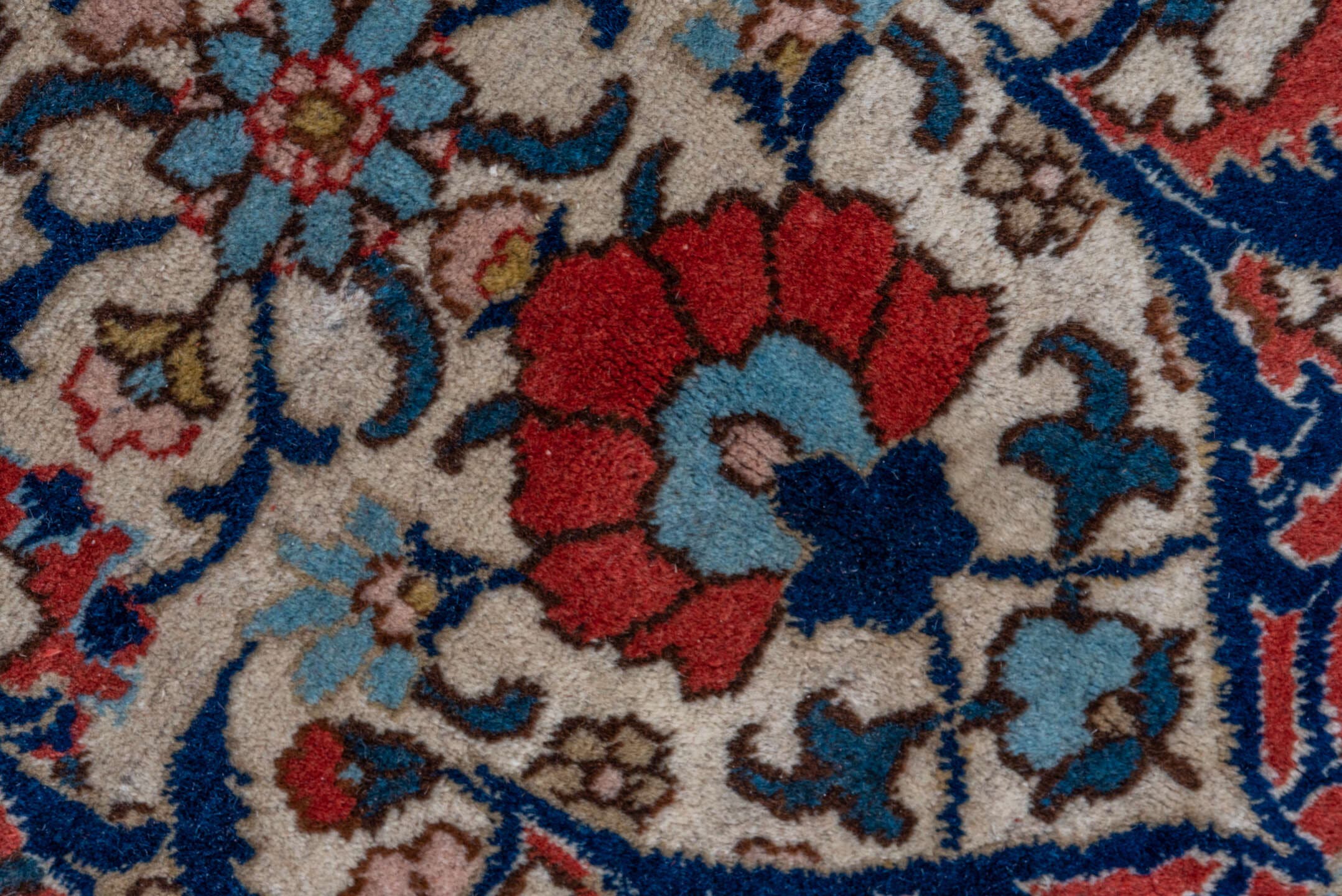 10' x 13' one-of-a-kind handmade vintage Tabriz oversize rug. Color palette: rust, navy, ivory, sky blue, cream, slate blue