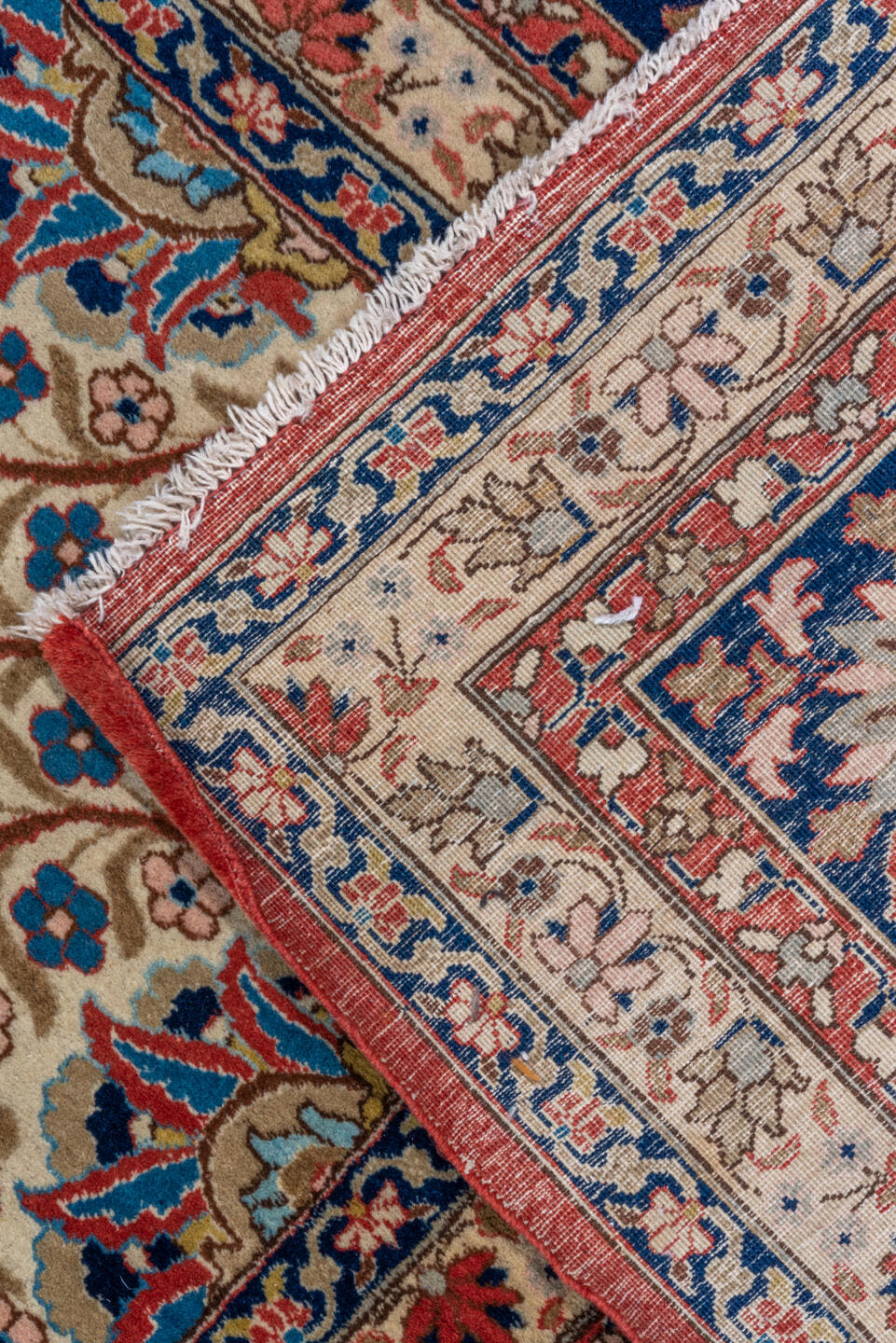 10' x 13' one-of-a-kind handmade vintage Tabriz oversize rug. Color palette: rust, navy, ivory, sky blue, cream, slate blue