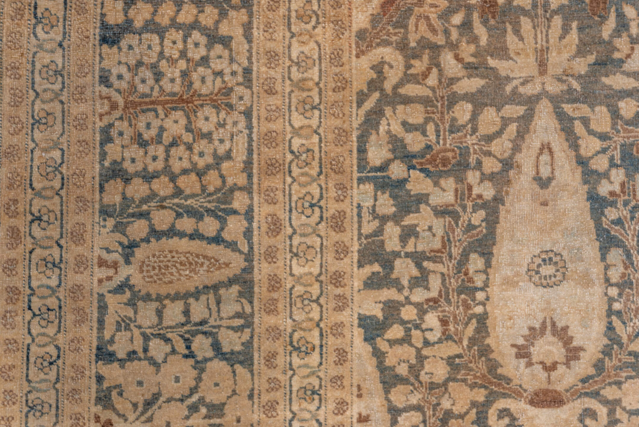8' x 11' one-of-a-kind handmade vintage Tabriz large size rug. Color palette: taupe, camel, brown, ivory, charcoal