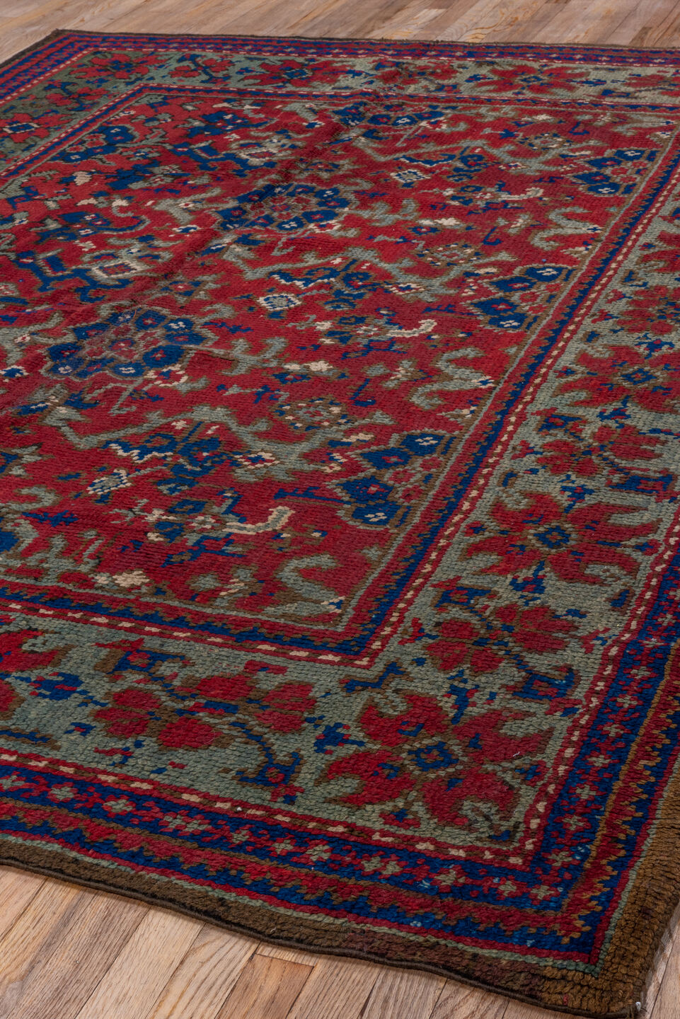 7' x 9' one-of-a-kind handmade vintage Oushak rug. Color palette: red, cobalt, taupe, crimson, brown, ivory, blue, beige