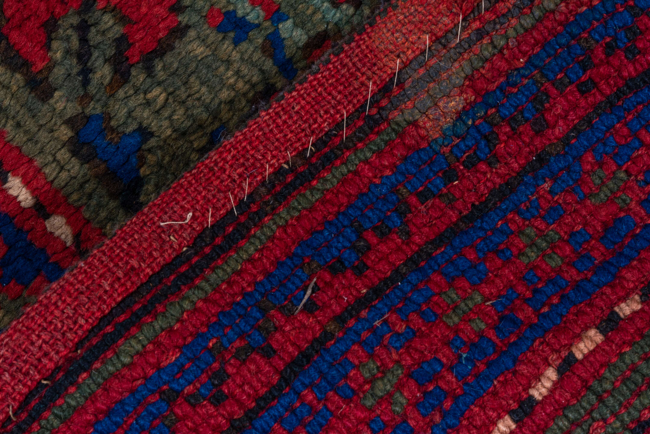 7' x 9' one-of-a-kind handmade vintage Oushak rug. Color palette: red, cobalt, taupe, crimson, brown, ivory, blue, beige