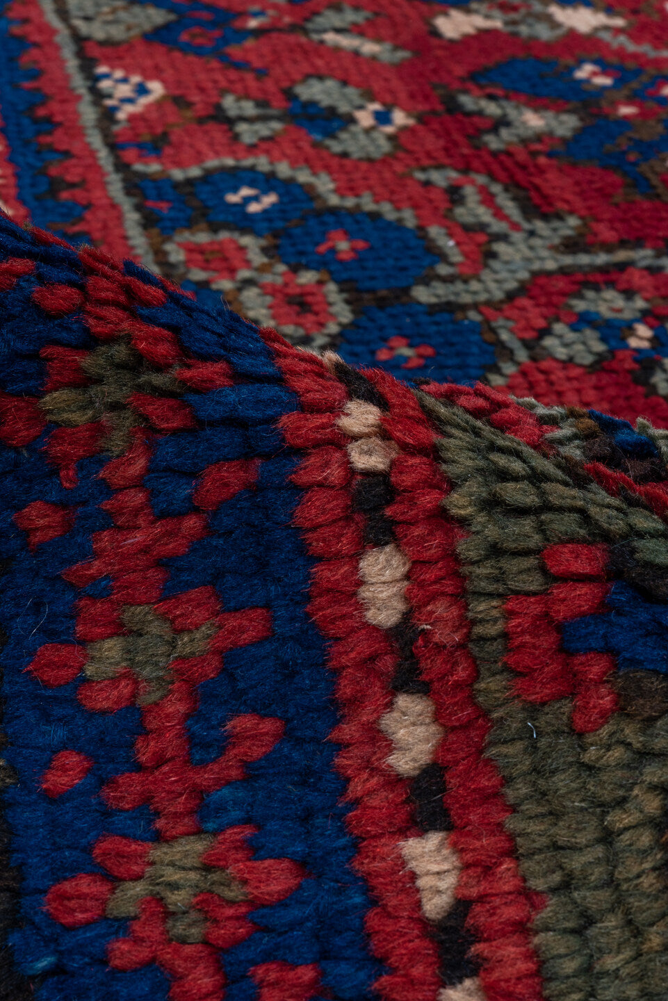 7' x 9' one-of-a-kind handmade vintage Oushak rug. Color palette: red, cobalt, taupe, crimson, brown, ivory, blue, beige