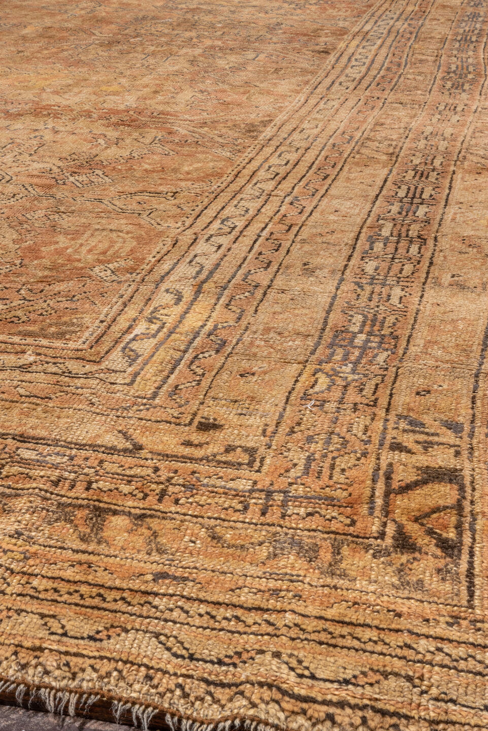 16' x 18' one-of-a-kind handmade vintage Oushak oversize rug. Color palette: peach, ivory, taupe, camel, rose, beige