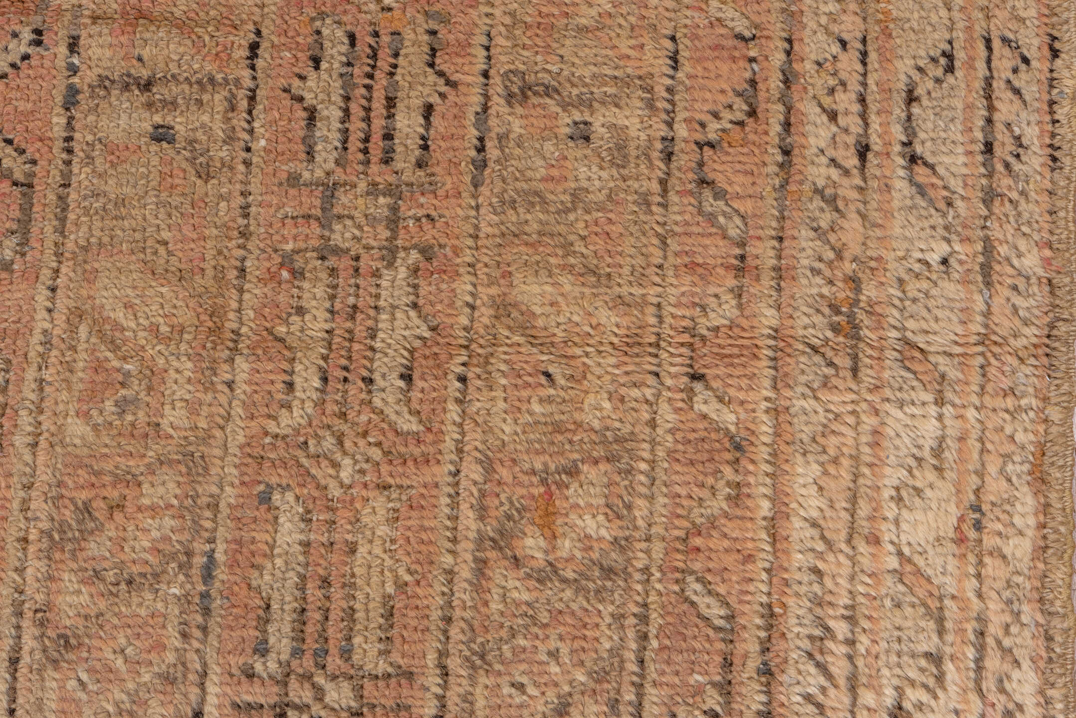 16' x 18' one-of-a-kind handmade vintage Oushak oversize rug. Color palette: peach, ivory, taupe, camel, rose, beige