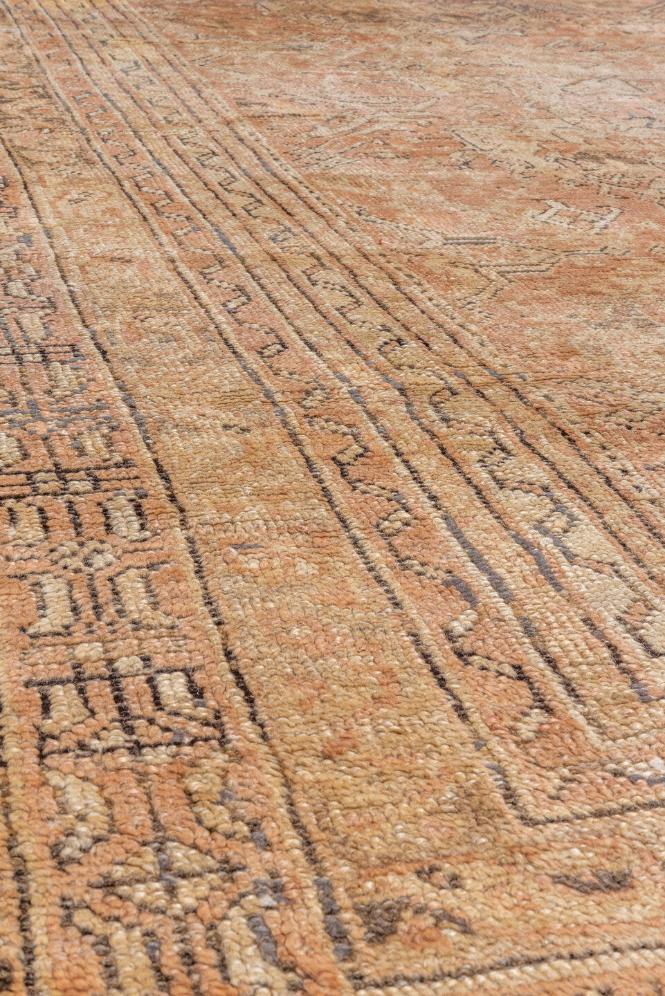 16' x 18' one-of-a-kind handmade vintage Oushak oversize rug. Color palette: peach, ivory, taupe, camel, rose, beige