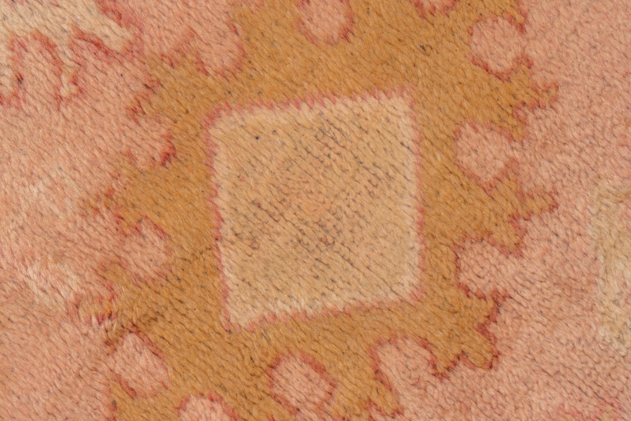 14' x 17' one-of-a-kind handmade vintage Oushak oversize rug. Color palette: blush, ivory, pale gold, rose, peach, camel