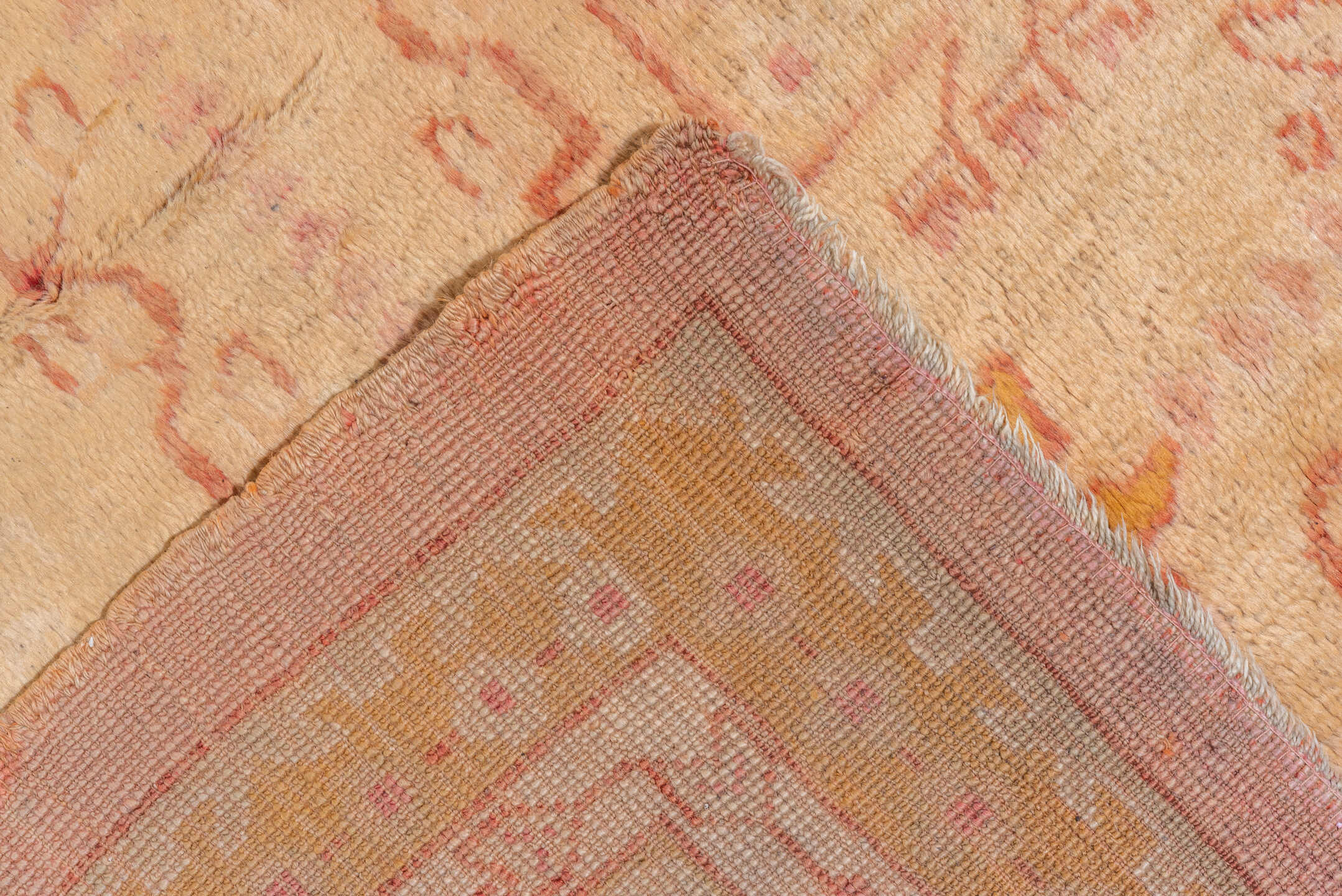 14' x 17' one-of-a-kind handmade vintage Oushak oversize rug. Color palette: blush, ivory, pale gold, rose, peach, camel