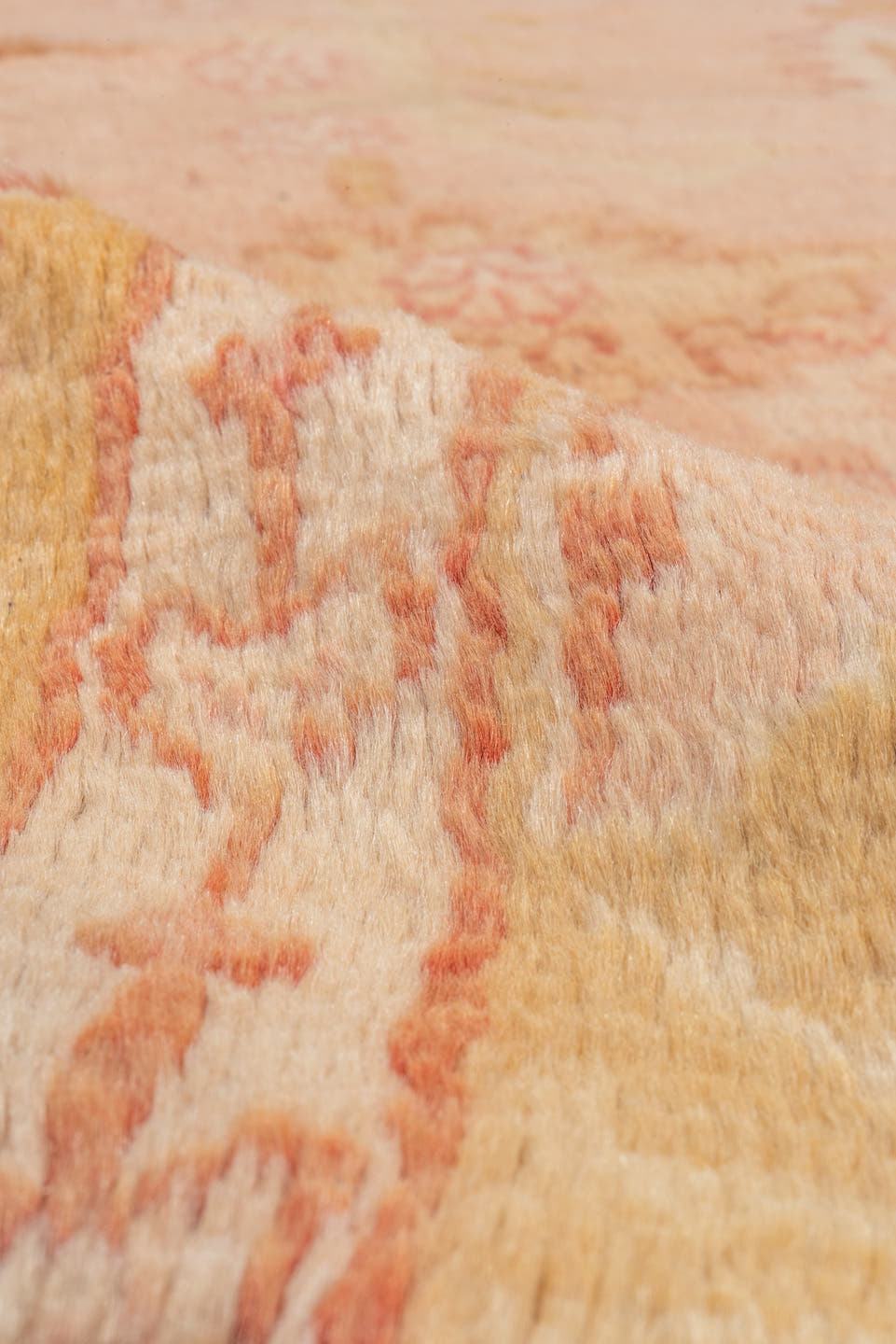14' x 17' one-of-a-kind handmade vintage Oushak oversize rug. Color palette: blush, ivory, pale gold, rose, peach, camel