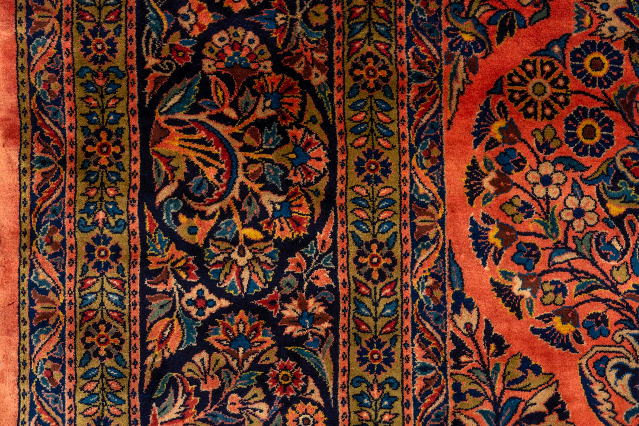10' x 13' one-of-a-kind handmade vintage Kashan large size rug. Color palette: terra cotta, navy, ivory, cobalt, rust, camel