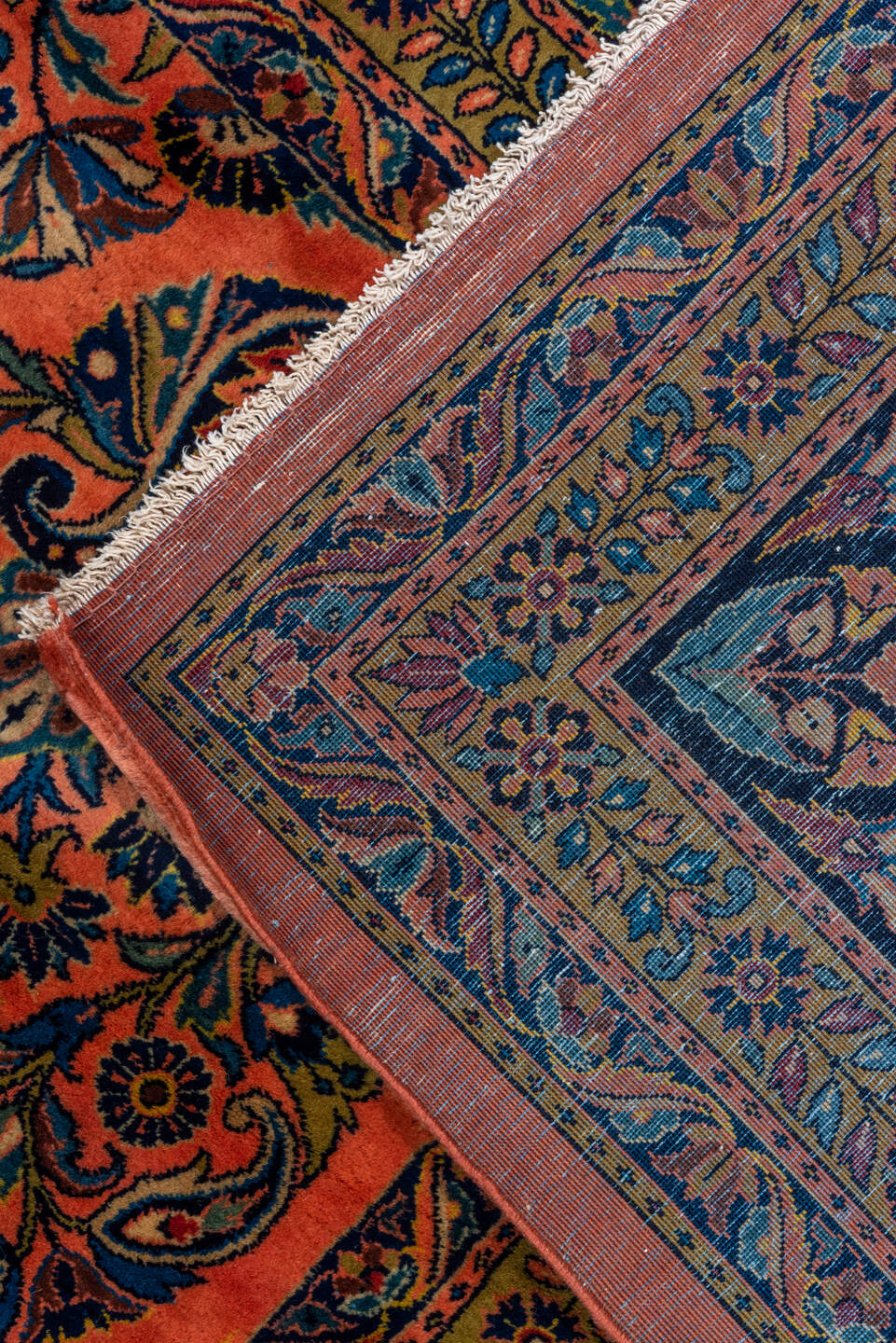 10' x 13' one-of-a-kind handmade vintage Kashan large size rug. Color palette: terra cotta, navy, ivory, cobalt, rust, camel