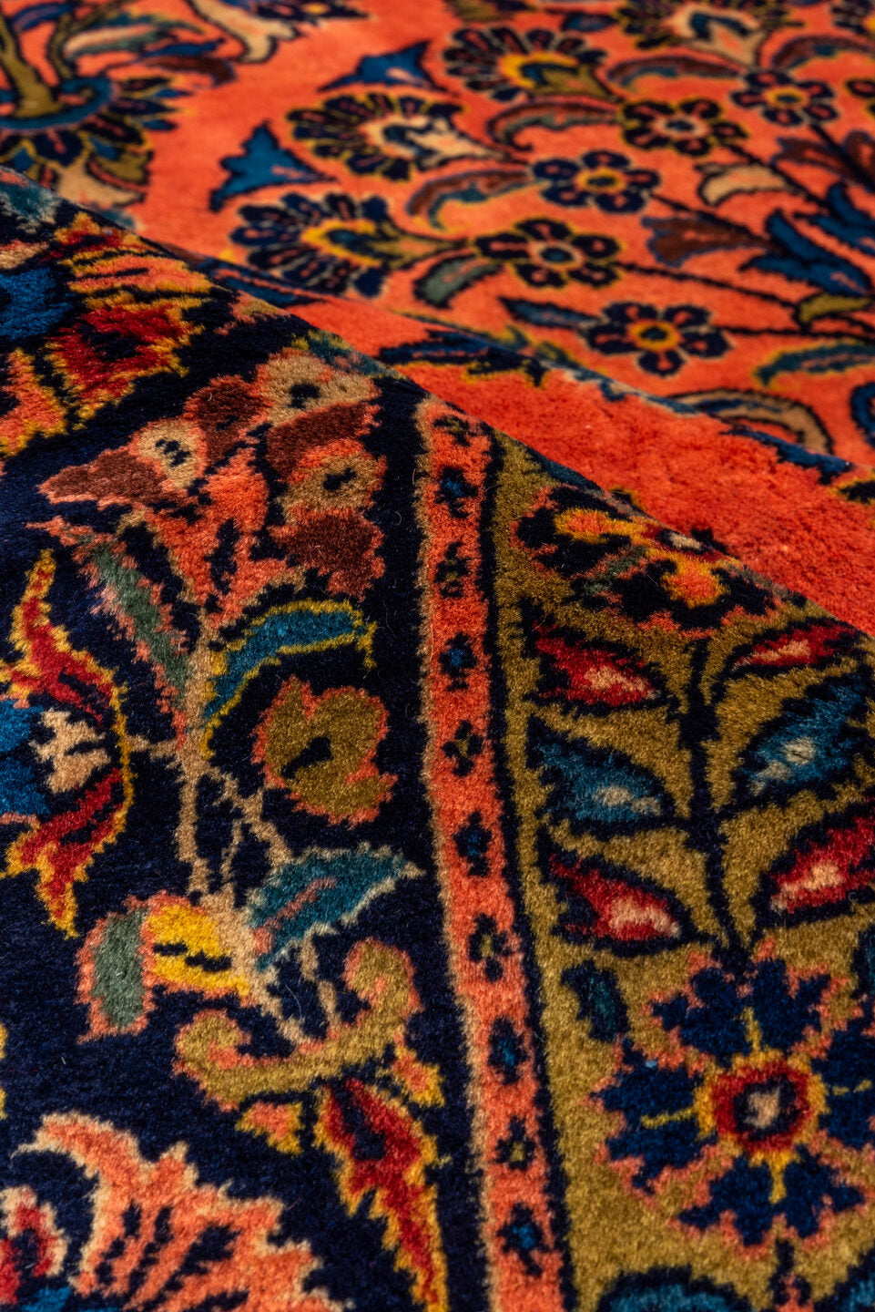 10' x 13' one-of-a-kind handmade vintage Kashan large size rug. Color palette: terra cotta, navy, ivory, cobalt, rust, camel