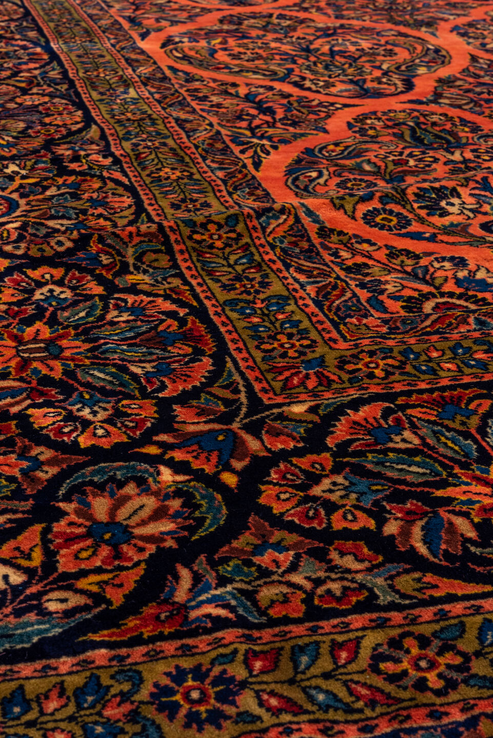 10' x 13' one-of-a-kind handmade vintage Kashan large size rug. Color palette: terra cotta, navy, ivory, cobalt, rust, camel