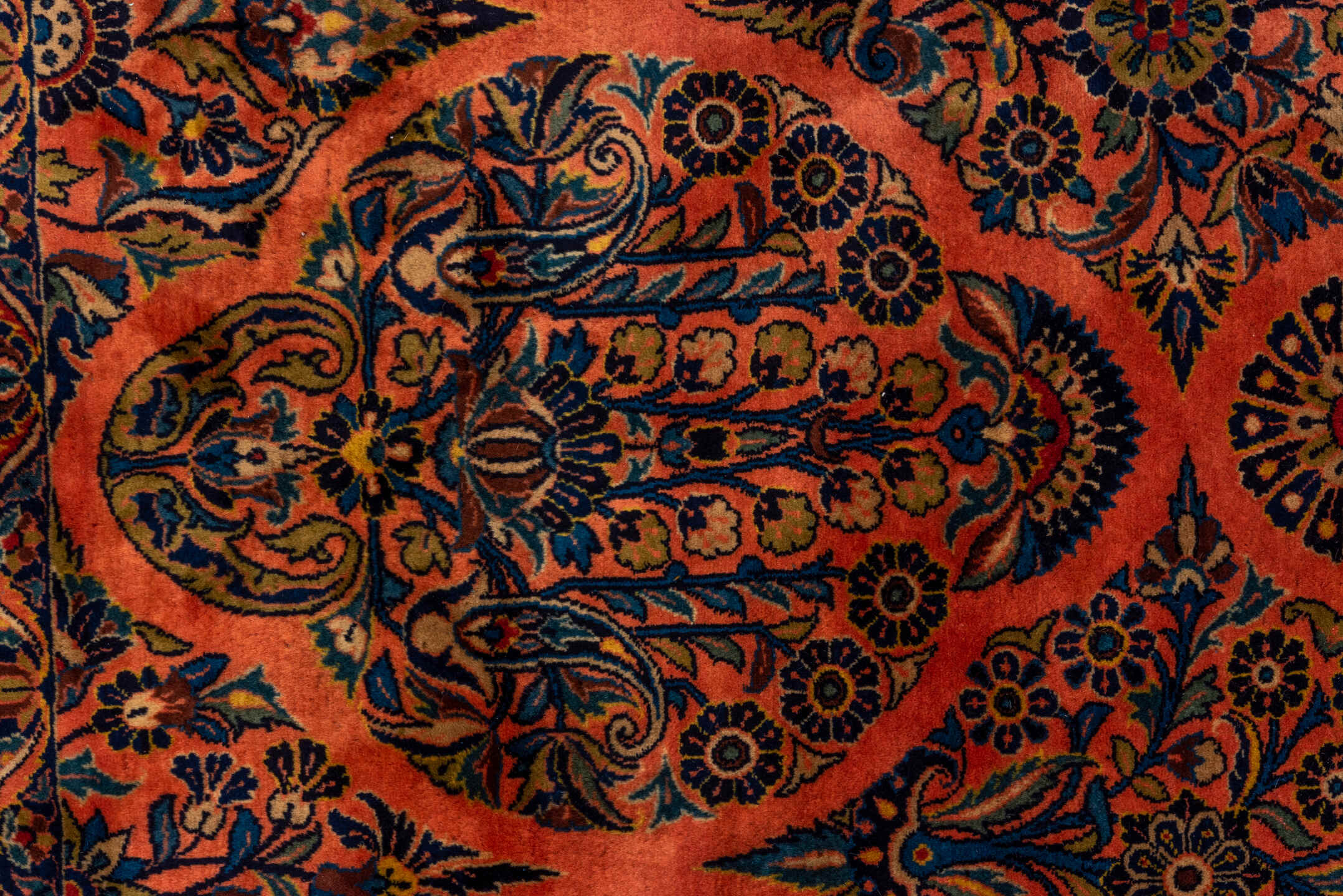 10' x 13' one-of-a-kind handmade vintage Kashan large size rug. Color palette: terra cotta, navy, ivory, cobalt, rust, camel