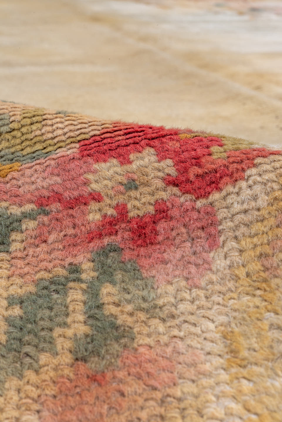 14' x 19' one-of-a-kind handmade vintage Spanish oversize rug. Color palette: ivory, blush, gold, rose, sage, cream, taupe