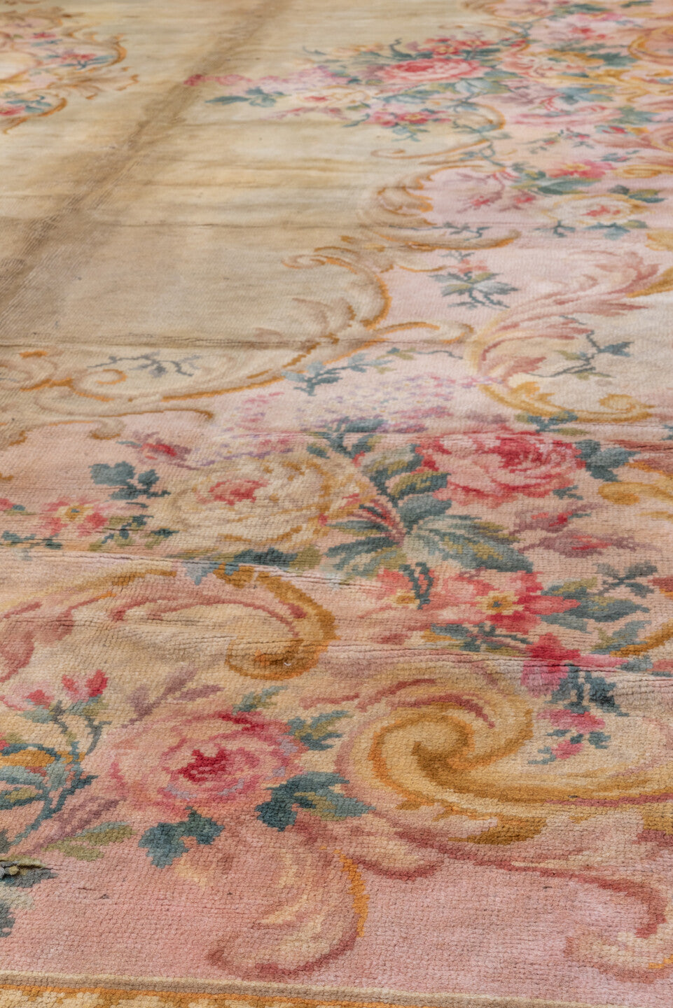 14' x 19' one-of-a-kind handmade vintage Spanish oversize rug. Color palette: ivory, blush, gold, rose, sage, cream, taupe