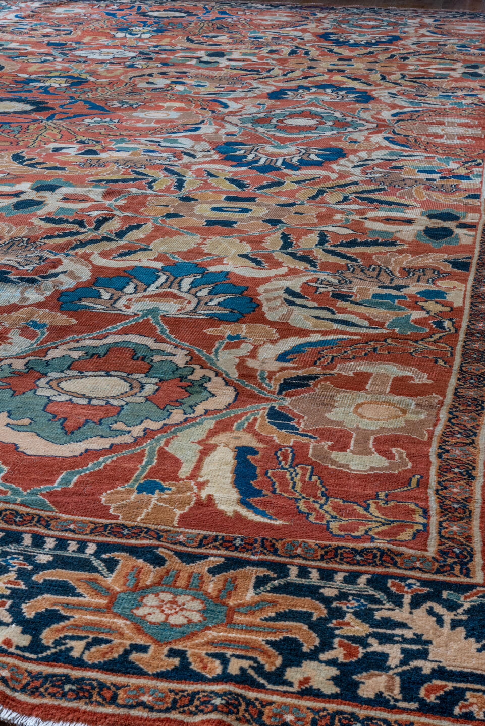 14' x 20' one-of-a-kind handmade vintage Mahal oversize rug. Color palette: terra cotta, navy, ivory, teal, camel, rust