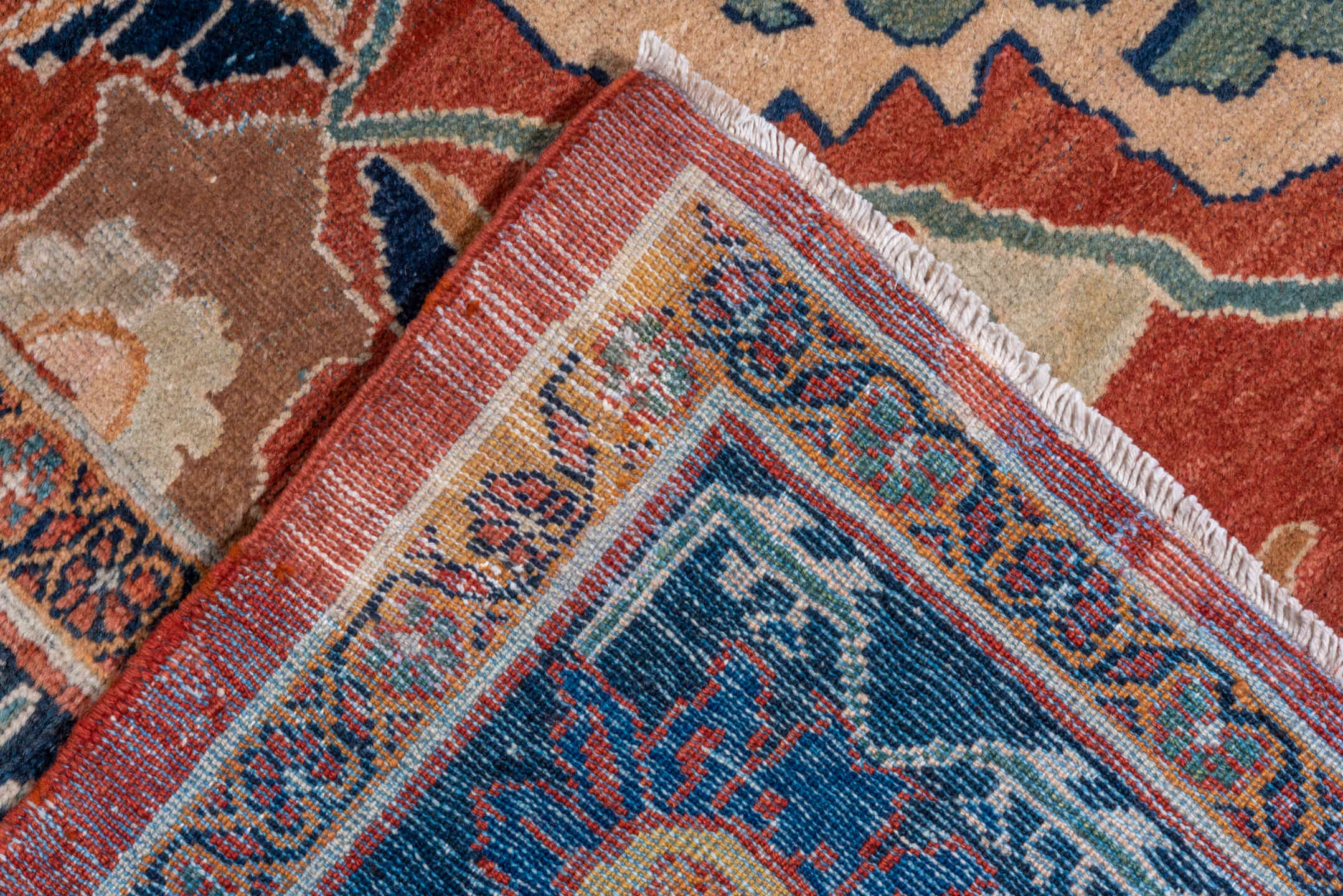 14' x 20' one-of-a-kind handmade vintage Mahal oversize rug. Color palette: terra cotta, navy, ivory, teal, camel, rust