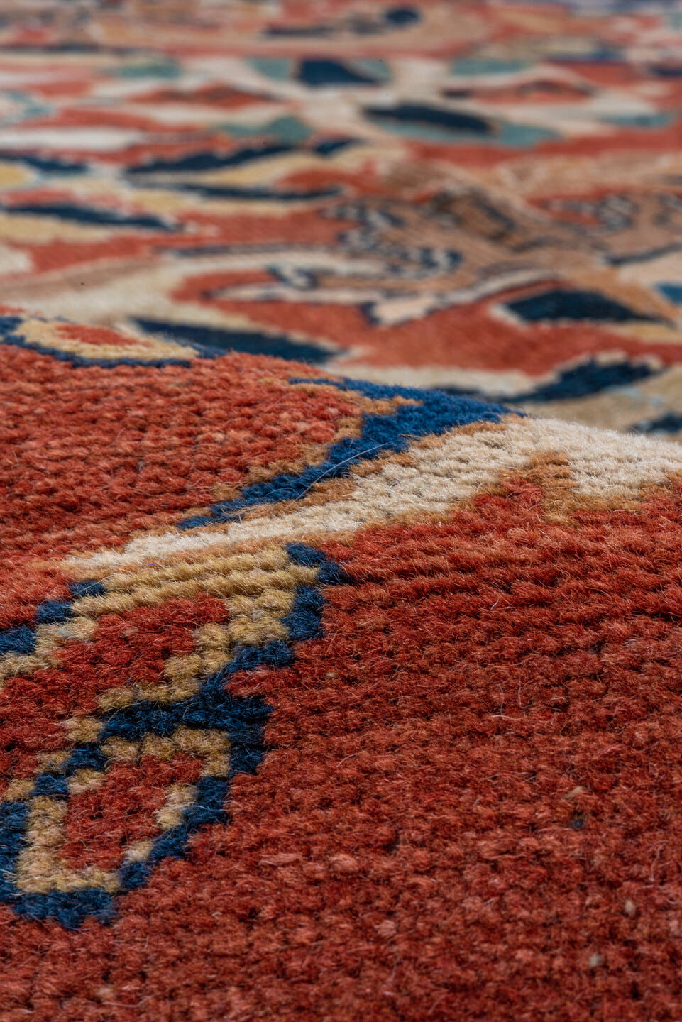 14' x 20' one-of-a-kind handmade vintage Mahal oversize rug. Color palette: terra cotta, navy, ivory, teal, camel, rust