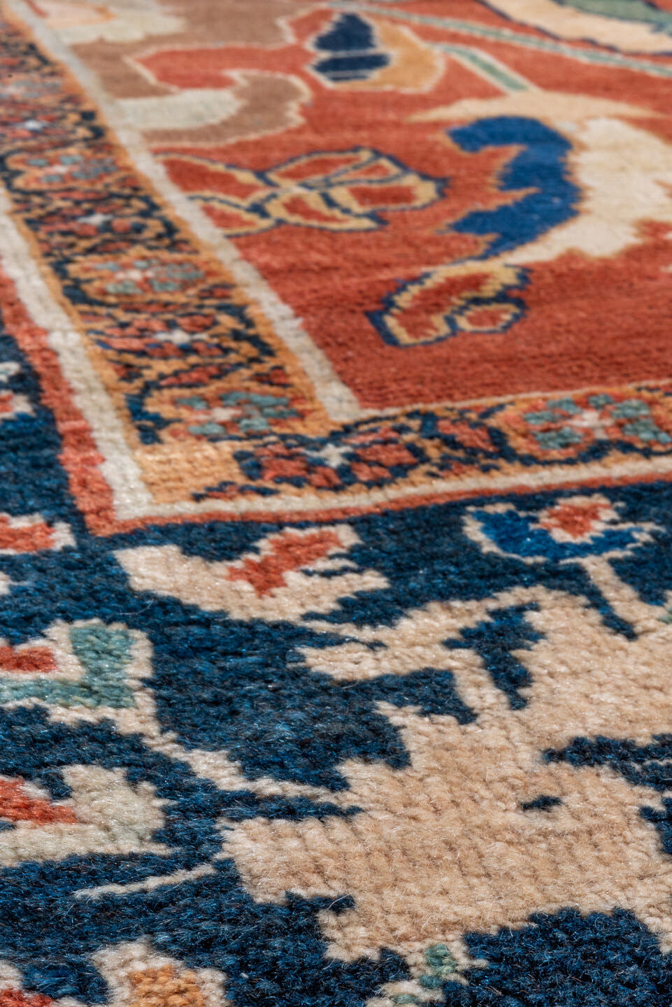 14' x 20' one-of-a-kind handmade vintage Mahal oversize rug. Color palette: terra cotta, navy, ivory, teal, camel, rust