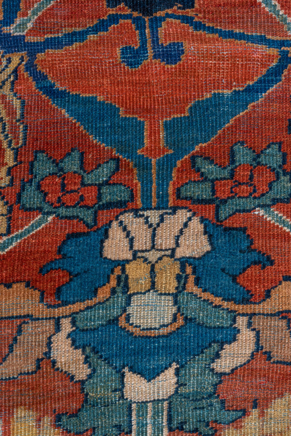 14' x 20' one-of-a-kind handmade vintage Mahal oversize rug. Color palette: terra cotta, navy, ivory, teal, camel, rust