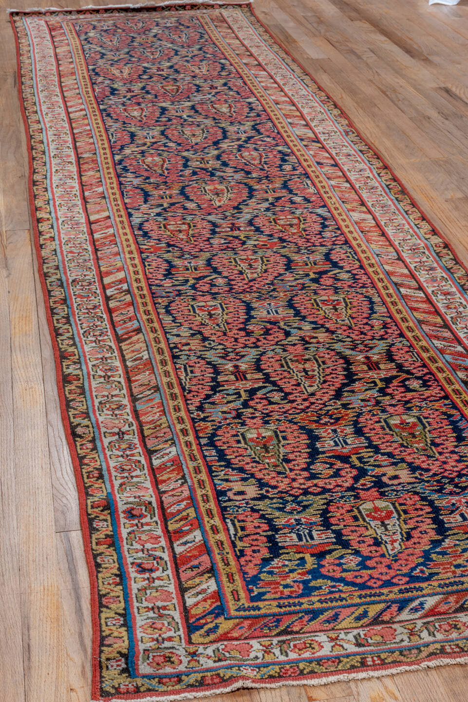 3' x 12' one-of-a-kind handmade vintage Malayer runner rug. Color palette: navy, rust, ivory, coral, camel, sky_blue, gold