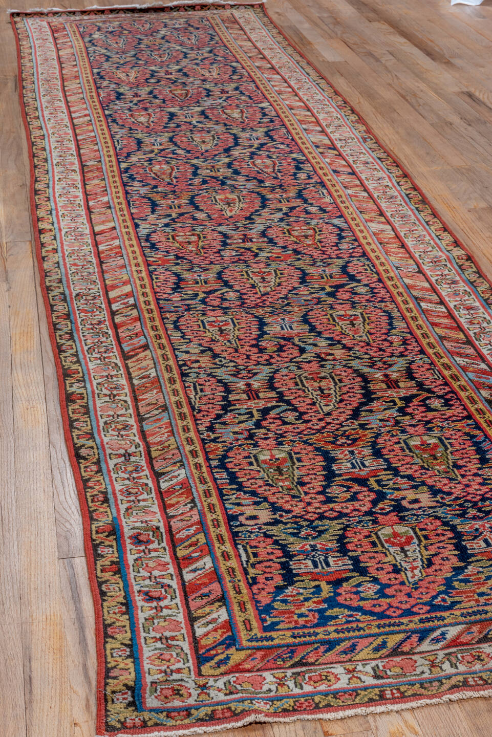 3' x 12' one-of-a-kind handmade vintage Malayer runner rug. Color palette: navy, rust, ivory, coral, camel, sky_blue, gold