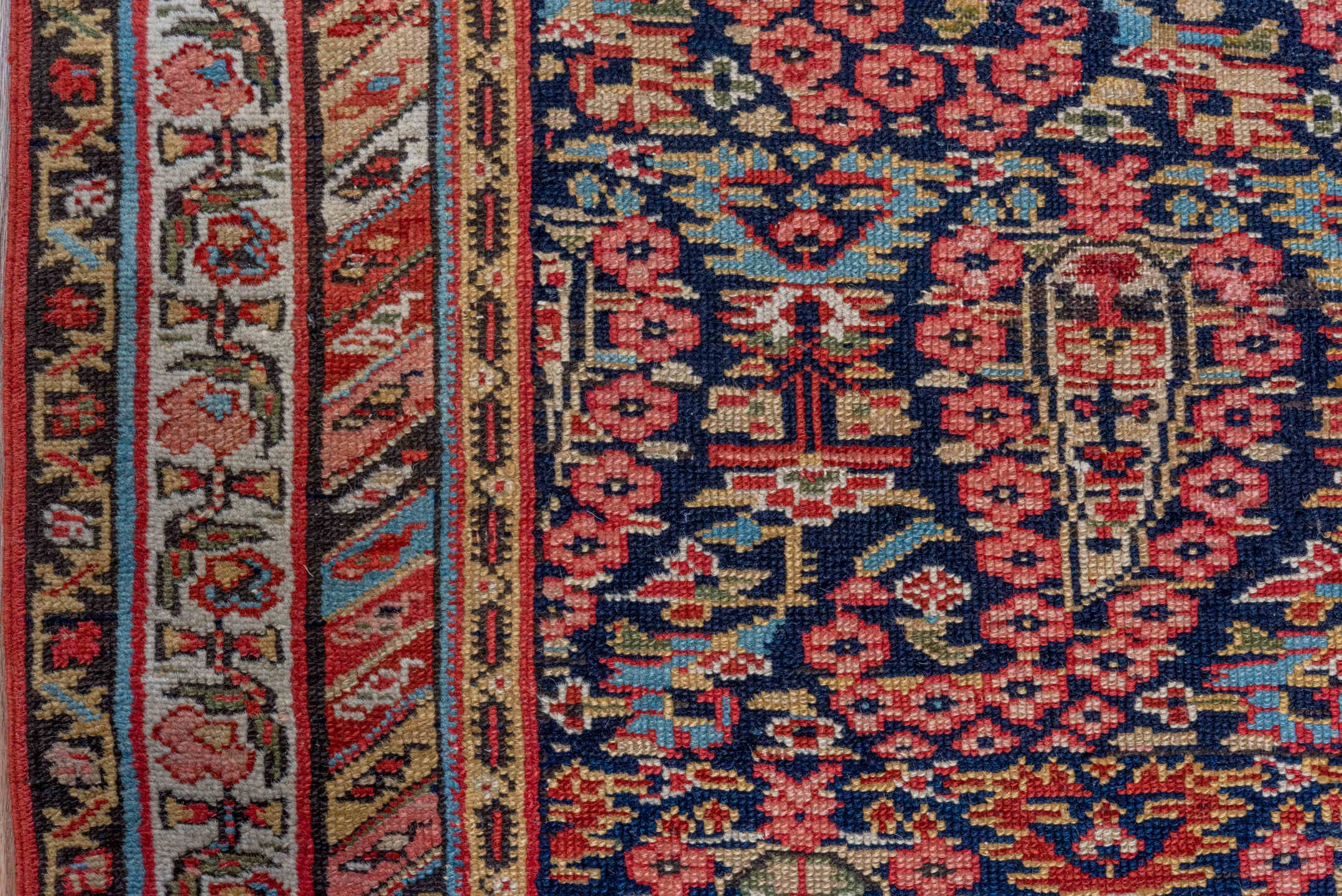 3' x 12' one-of-a-kind handmade vintage Malayer runner rug. Color palette: navy, rust, ivory, coral, camel, sky_blue, gold