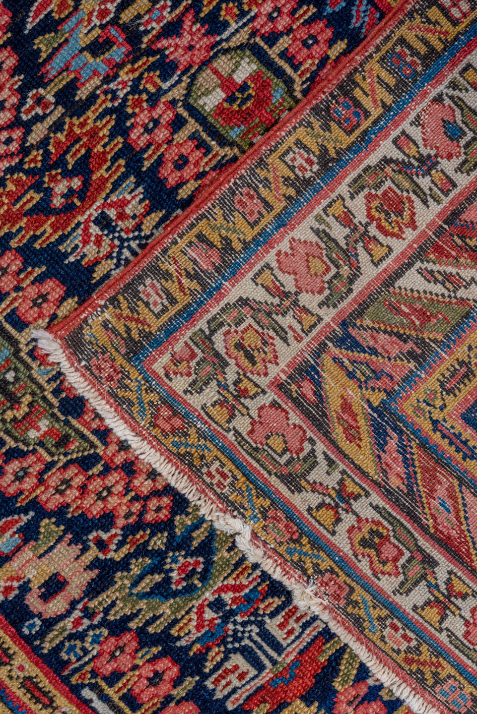 3' x 12' one-of-a-kind handmade vintage Malayer runner rug. Color palette: navy, rust, ivory, coral, camel, sky_blue, gold