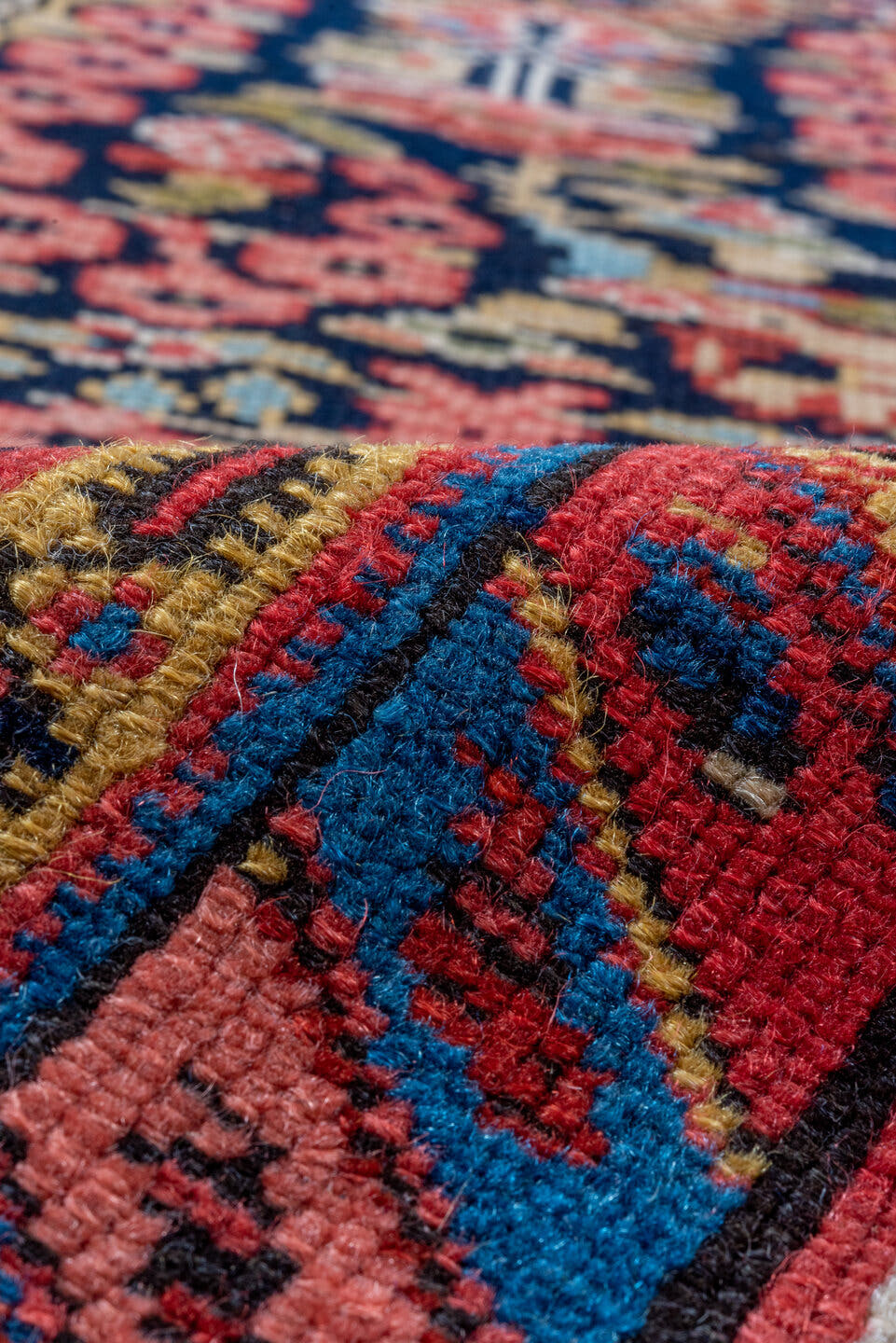 3' x 12' one-of-a-kind handmade vintage Malayer runner rug. Color palette: navy, rust, ivory, coral, camel, sky_blue, gold