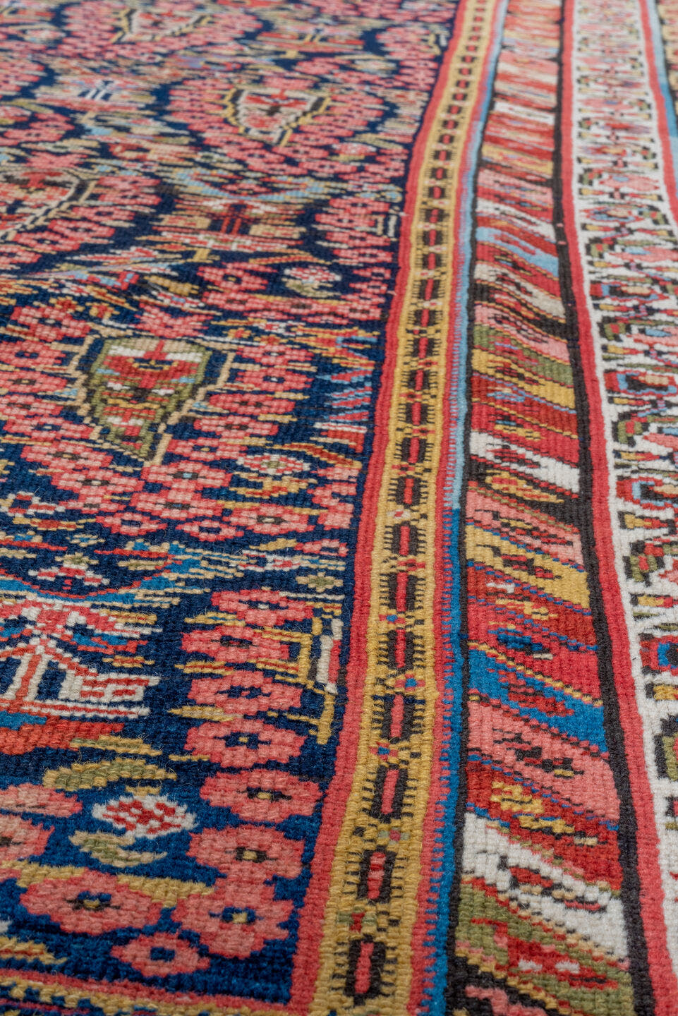 3' x 12' one-of-a-kind handmade vintage Malayer runner rug. Color palette: navy, rust, ivory, coral, camel, sky_blue, gold